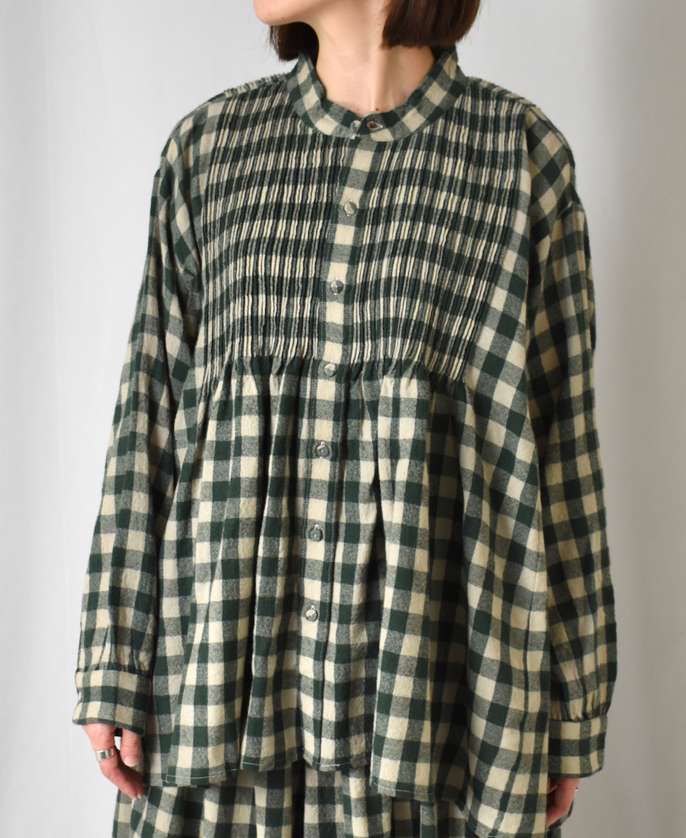 NMDS23591 (シャツ) BOILED WOOL BIG GINGHAM CHECK BANDED SHIRT WITH MINI PINTUCK