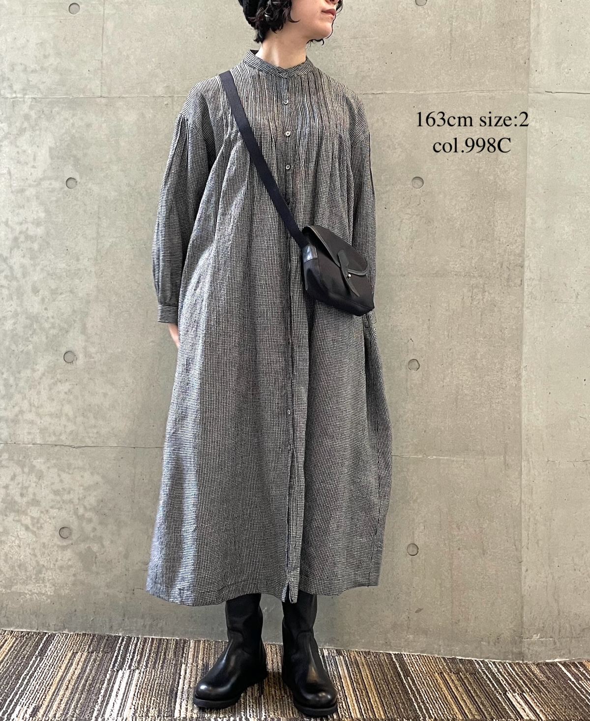 INSL22614 (ワンピース) WOOL/LINEN SMALL CHECK & STRIPE BANDED COLLAR PINTUCK DRESS