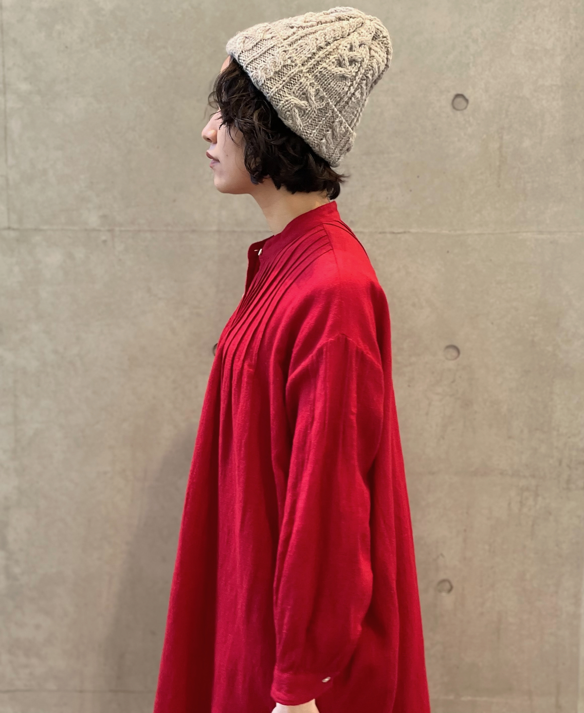 INSL22604 (ワンピース) WOOL/LINEN PLAIN BANDED COLLAR PINTUCK DRESS