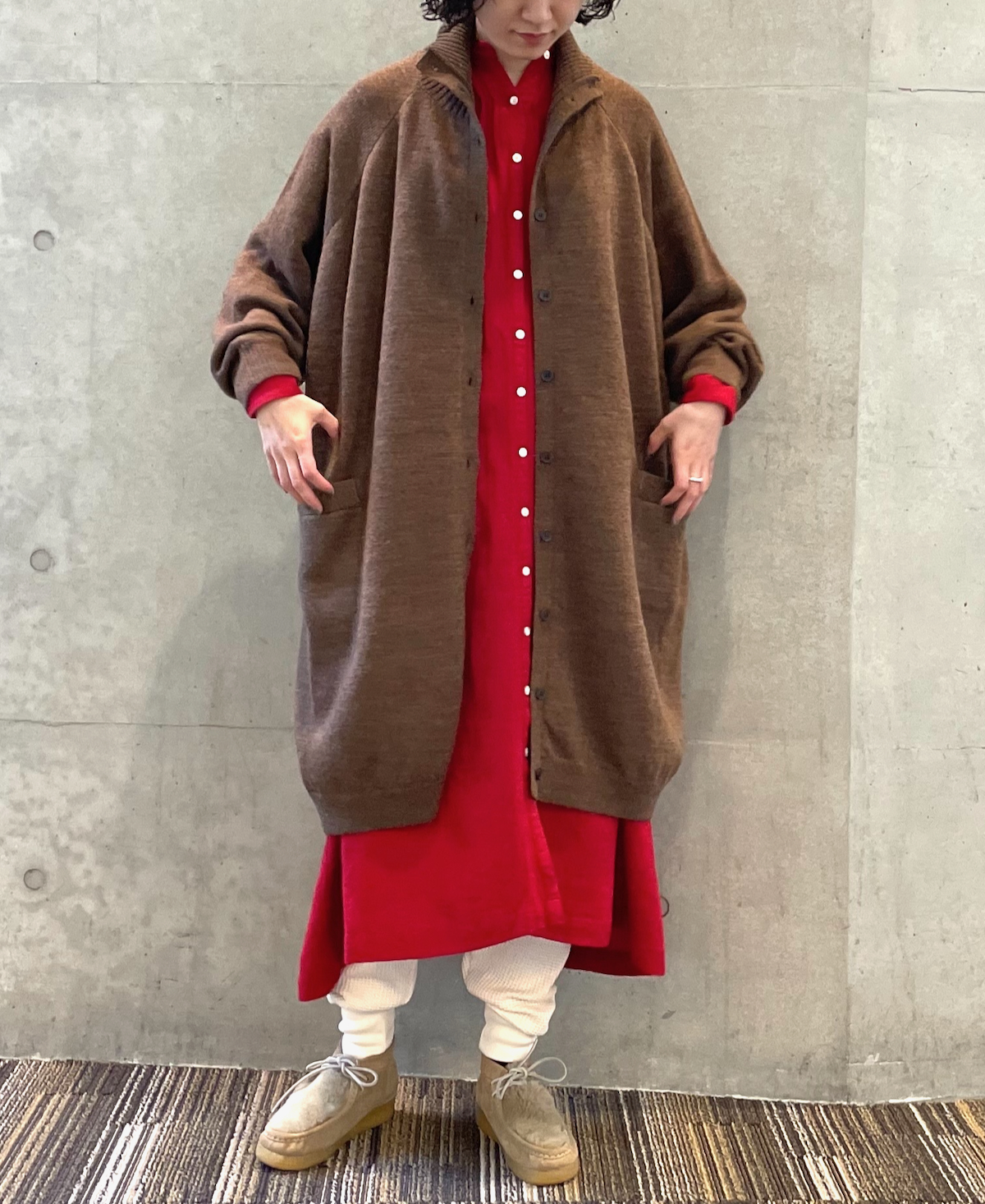 INSL22604 (ワンピース) WOOL/LINEN PLAIN BANDED COLLAR PINTUCK DRESS