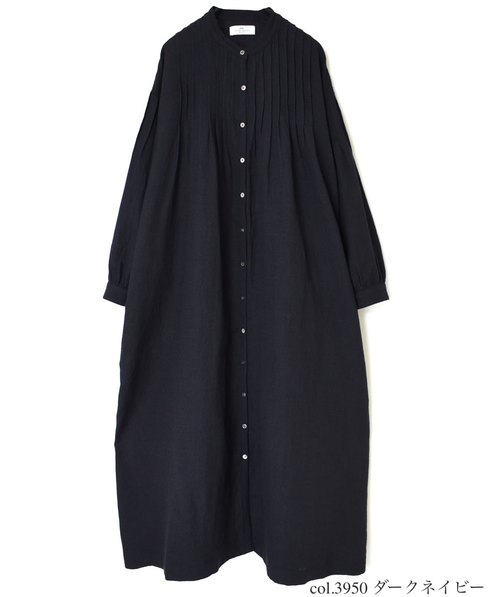 INSL22604 (ワンピース) WOOL/LINEN PLAIN BANDED COLLAR PINTUCK DRESS