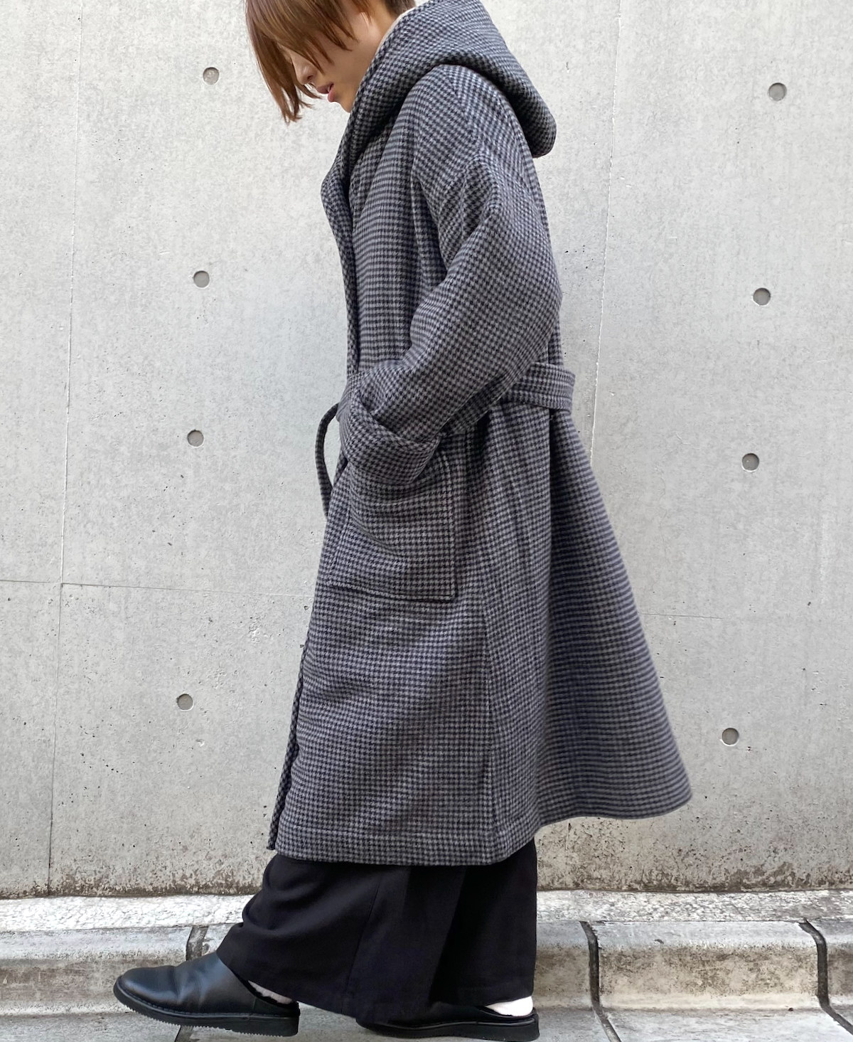 NSL23562 (コート) WOOL HOUNDS TOOTH CHECK WITH QUILTED LINING HOODED REVERSIBLE LONG COAT WITH BELT