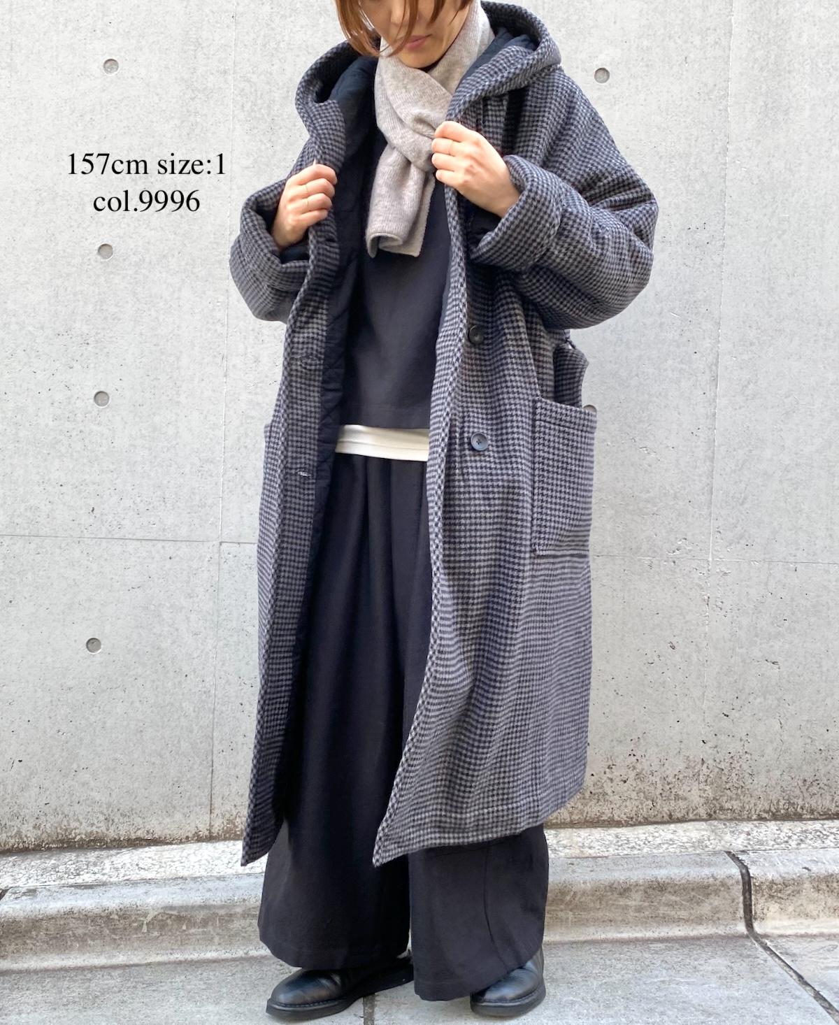 NSL23562 (コート) WOOL HOUNDS TOOTH CHECK WITH QUILTED LINING HOODED REVERSIBLE LONG COAT WITH BELT