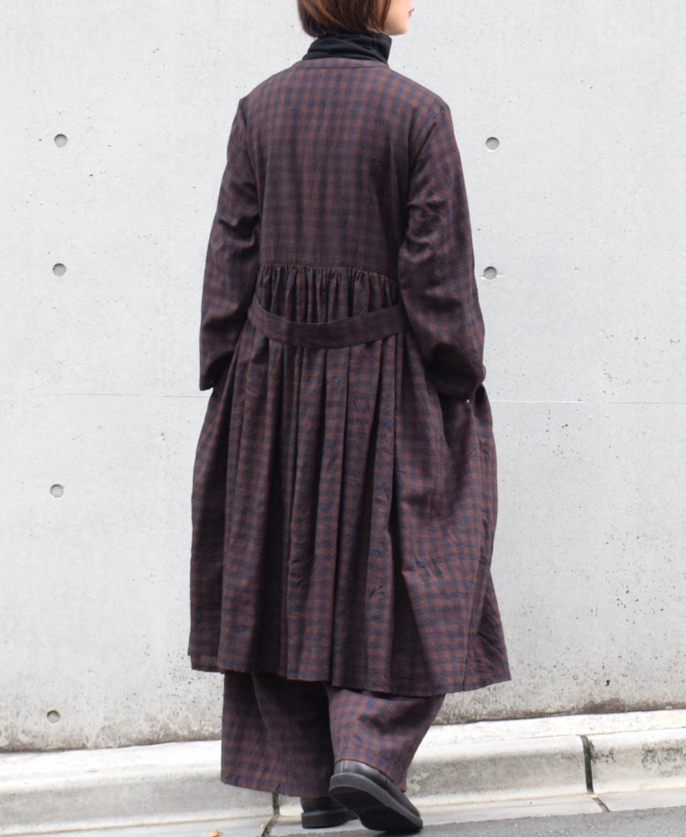 ●NMDS23604 (ワンピース) WOOL GINGHAM CHECK WITH JACQUARD RAJASTHAN TUCK GATHERED WRAP DRESS