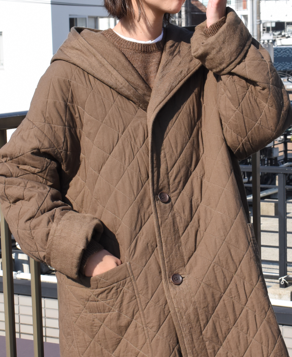NSL23512 (コート) WOOL LINEN PLAIN WITH QUILTED LINING HOODED REVERSIBLE LONG COAT WITH BELT