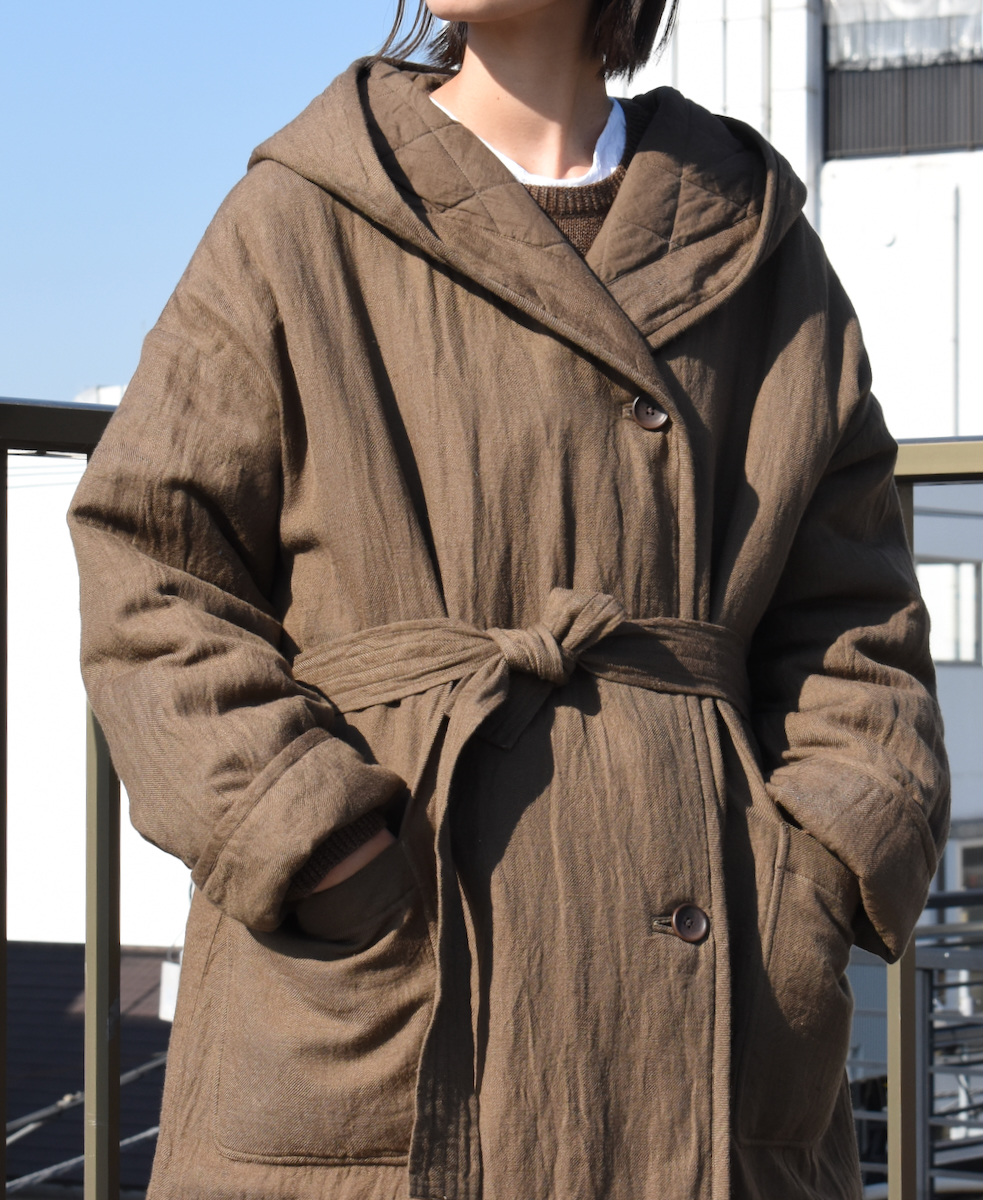 NSL23512 (コート) WOOL LINEN PLAIN WITH QUILTED LINING HOODED REVERSIBLE LONG COAT WITH BELT