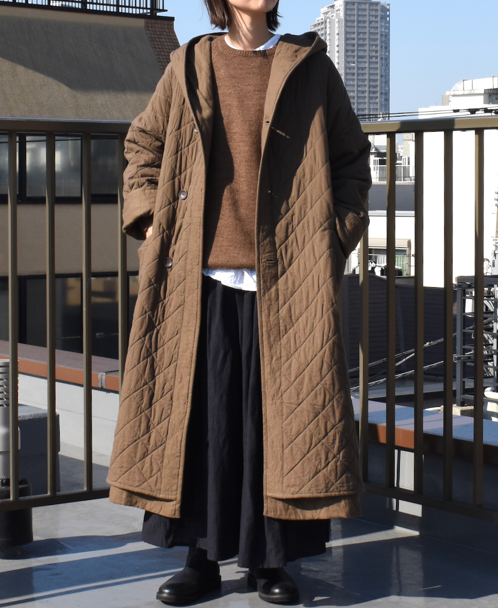 NSL23512 (コート) WOOL LINEN PLAIN WITH QUILTED LINING HOODED REVERSIBLE LONG COAT WITH BELT