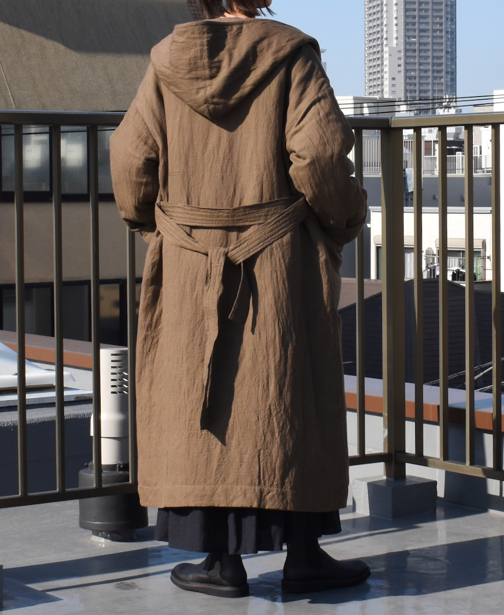 NSL23512 (コート) WOOL LINEN PLAIN WITH QUILTED LINING HOODED REVERSIBLE LONG COAT WITH BELT