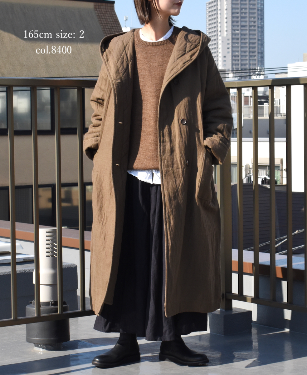 NSL23512 (コート) WOOL LINEN PLAIN WITH QUILTED LINING HOODED REVERSIBLE LONG COAT WITH BELT
