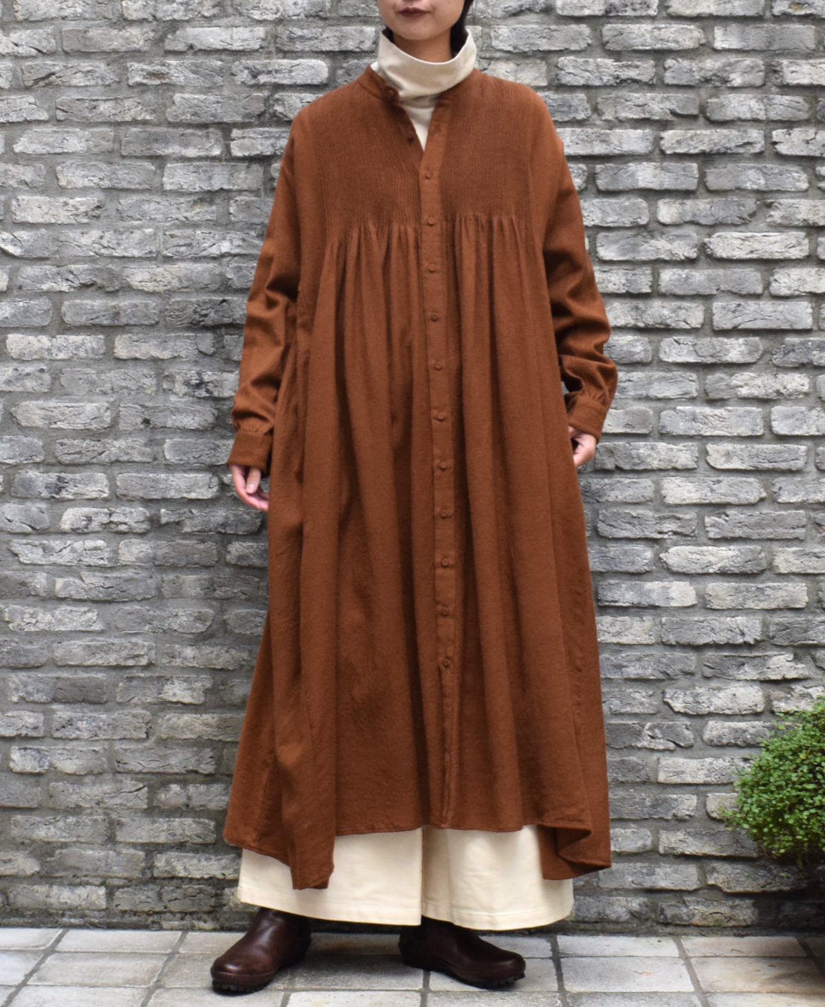 NMDS23582 (ワンピース) BOILED WOOL PLAIN BANDED SHIRT DRESS WITH MINI PINTUCK