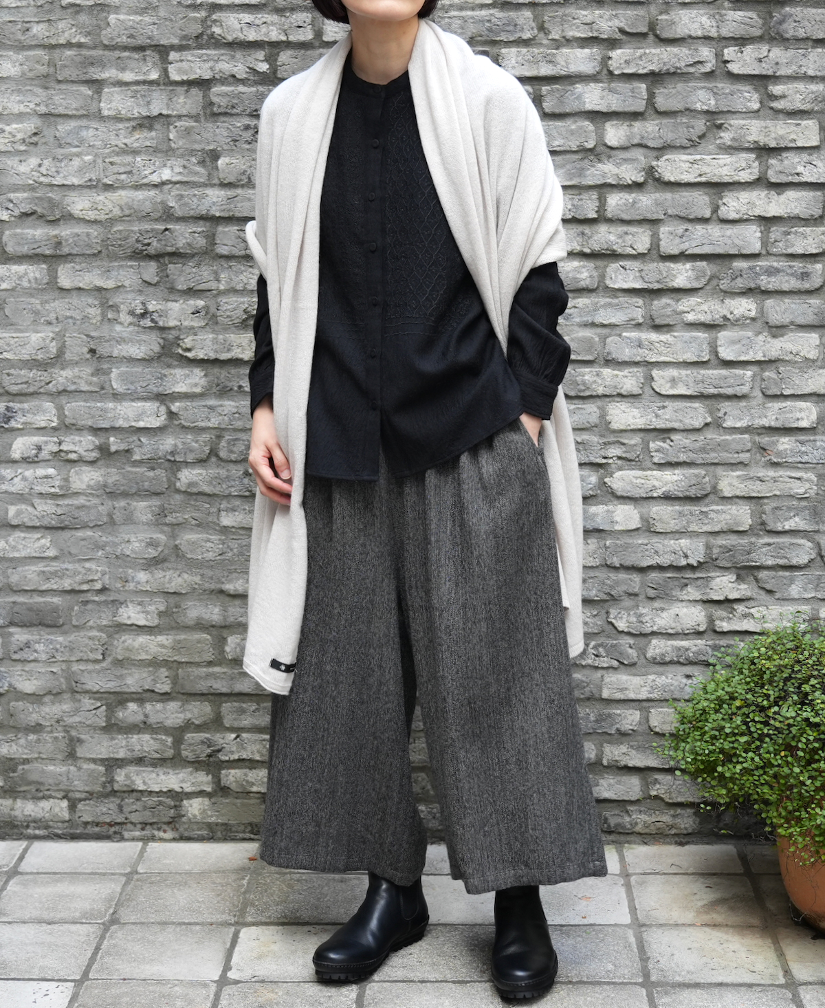 NMDS20561 (シャツ) BOILED WOOL PLAIN BAND COLLAR EMB SHIRT