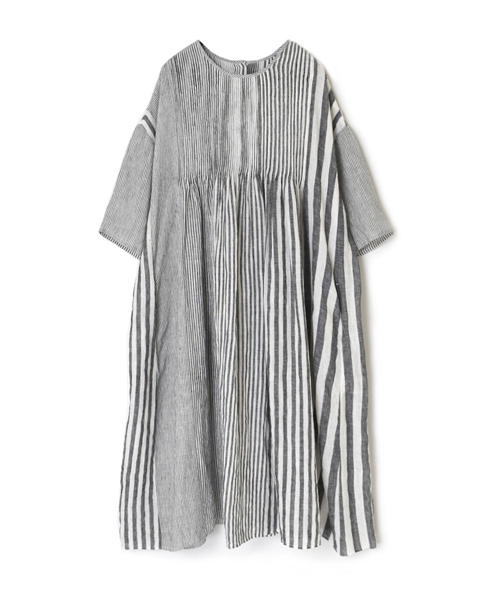 NMDS24162 (ワンピース) 80’S POWER LOOM LINEN RANDOM STRIPE CREW-NECK P/O SHIRT DRESS WITH PINTUCK