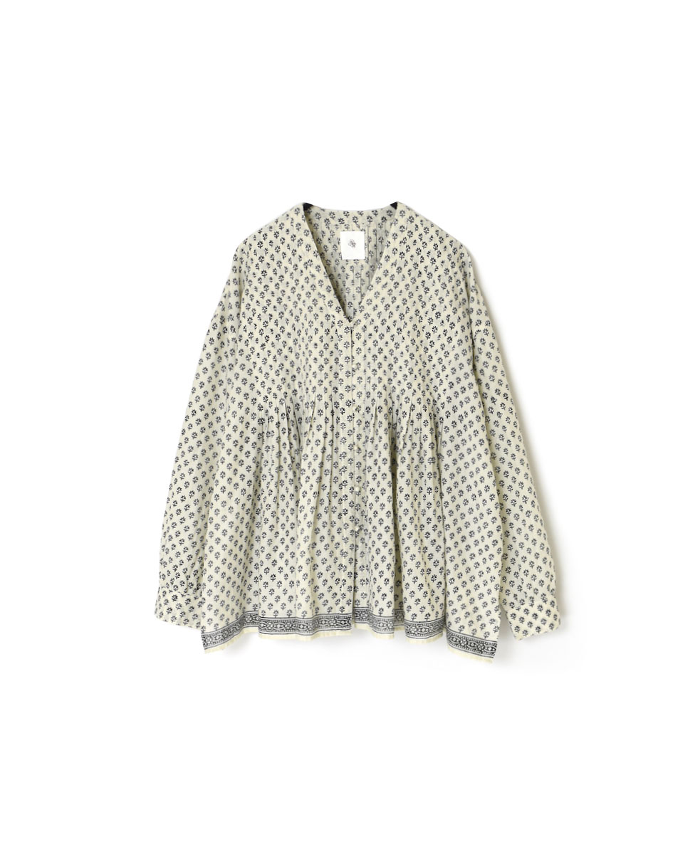 NMDS24181 (シャツ) 80’S COTTON VOILE SMALL FLOWER BLOCK PRINT V-NECK FRONT OPENING INVERTED PLEATS SHIRT