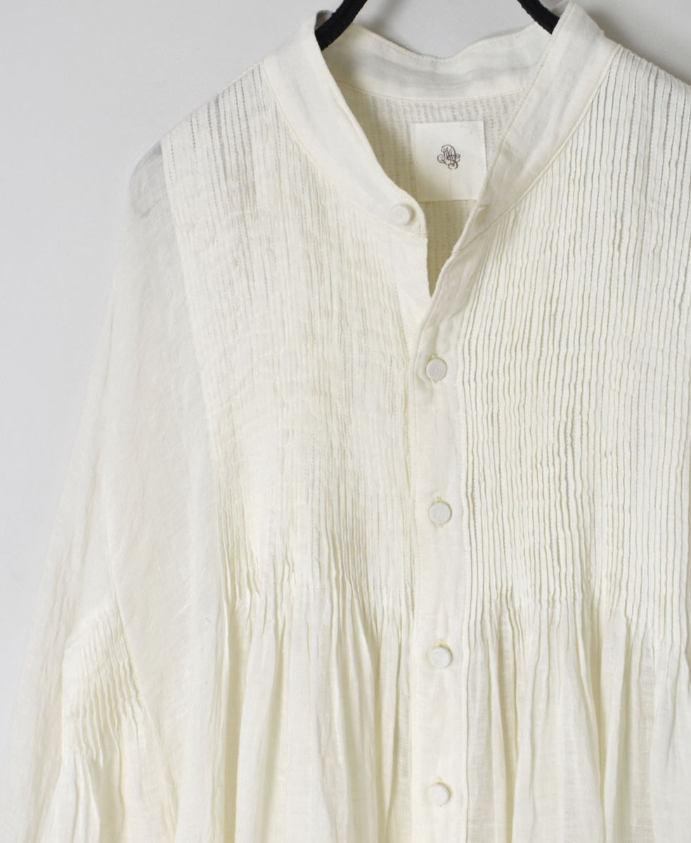 INMDS24004 (ワンピース) 80'S HANDWOVEN LINEN PLAIN WITH SELVAGE BANDED COLLAR SHIRT DRESS WITH MINI PINTUCK