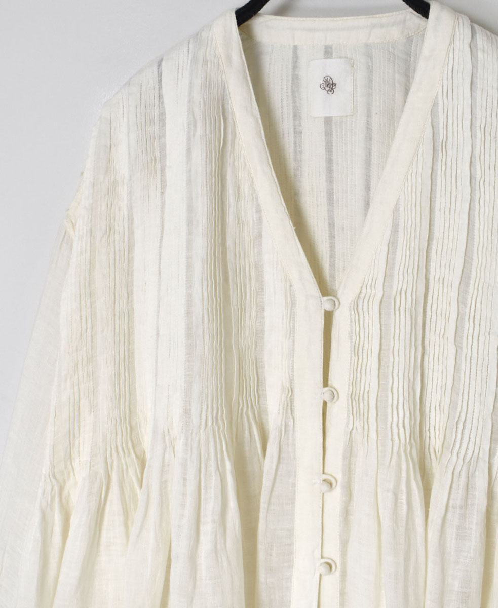 INMDS24001 (ブラウス) 80'S HANDWOVEN LINEN PLAIN WITH SELVAGE V-NECK FRONT OPENING BLOUSE WITH RANDOM PLEATS