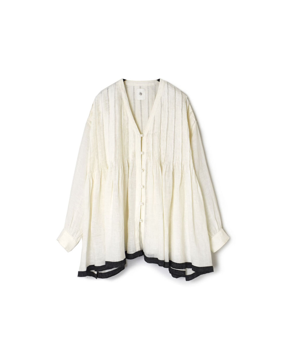 INMDS24001 (ブラウス) 80’S HANDWOVEN LINEN PLAIN WITH SELVAGE V-NECK FRONT OPENING BLOUSE WITH RANDOM PLEATS