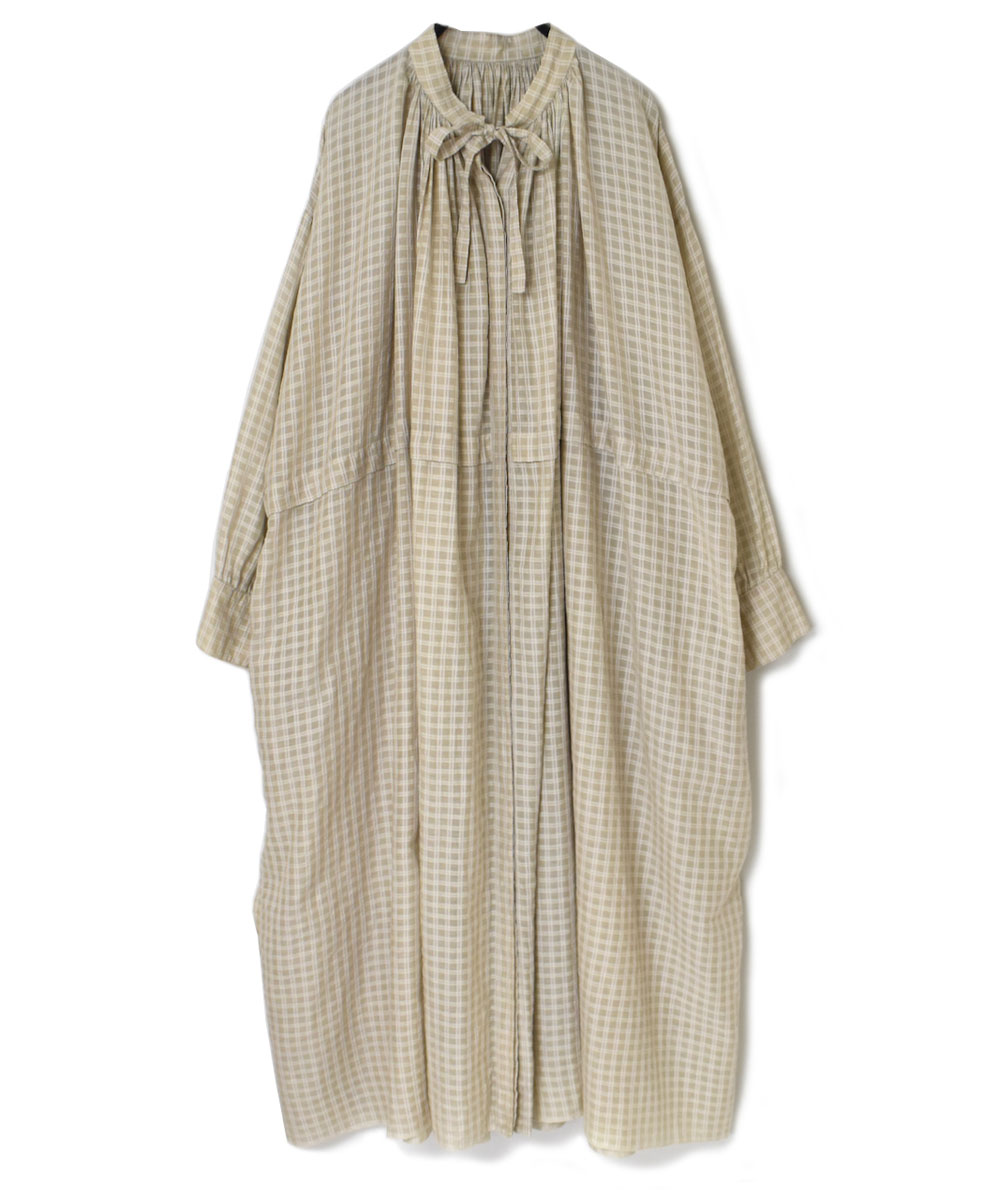 INMDS24053 (ワンピース) HANDWOVEN COTTON SILK SELF CHECK NECK GATHERED DRESS