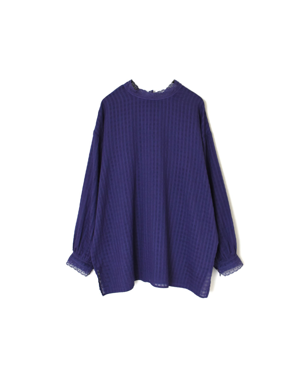 INMDS24052 (シャツ) HANDWOVEN COTTON SILK SELF CHECK 2WAY PULLOVER LACE NECK SHIRT WITH MINI PINTUCK