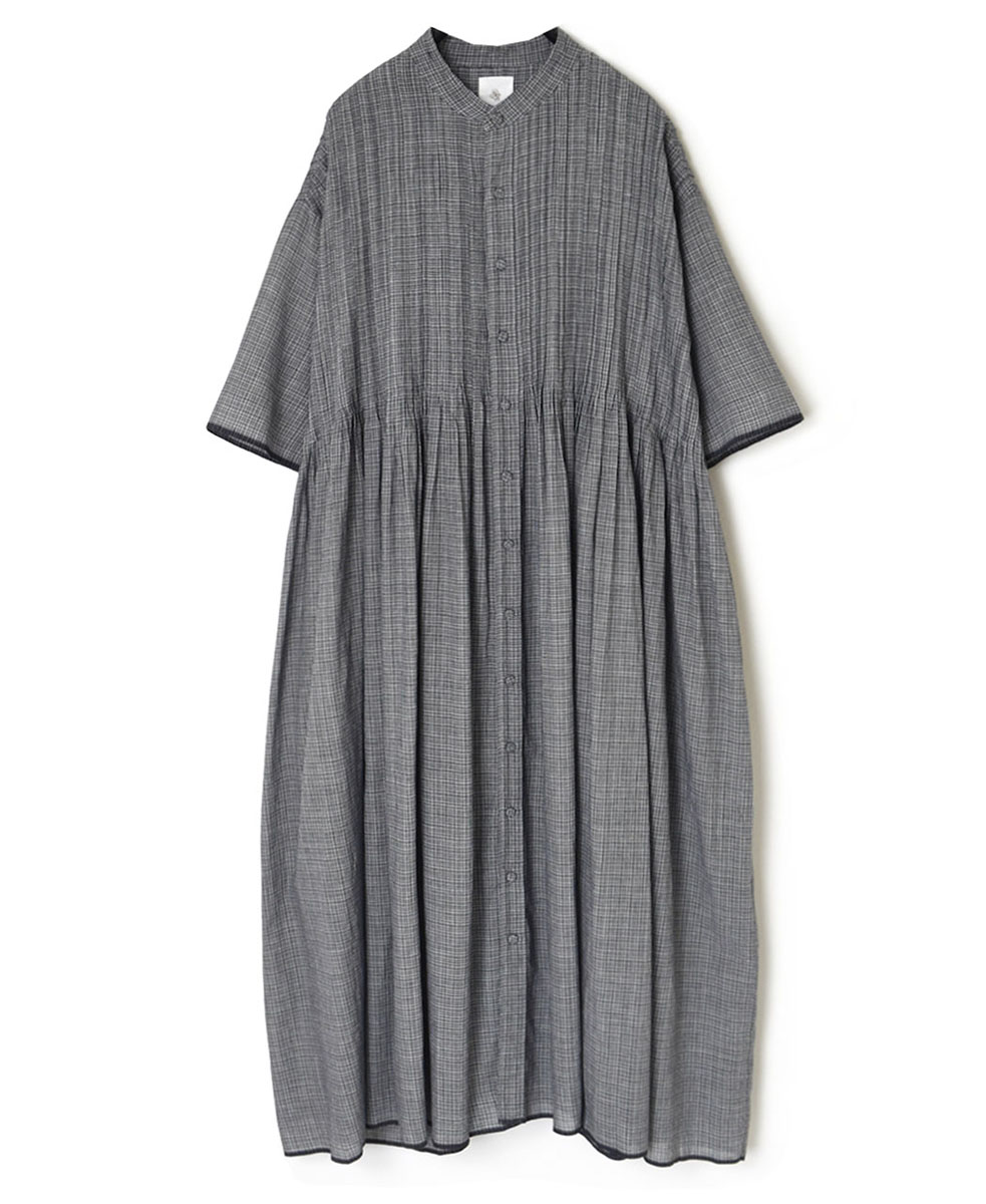●INMDS24063 (ワンピース) HANDWOVEN MINI RANDOM CHECK BANDED COLLAR SHIRT DRESS WITH RANDOM PLEATS