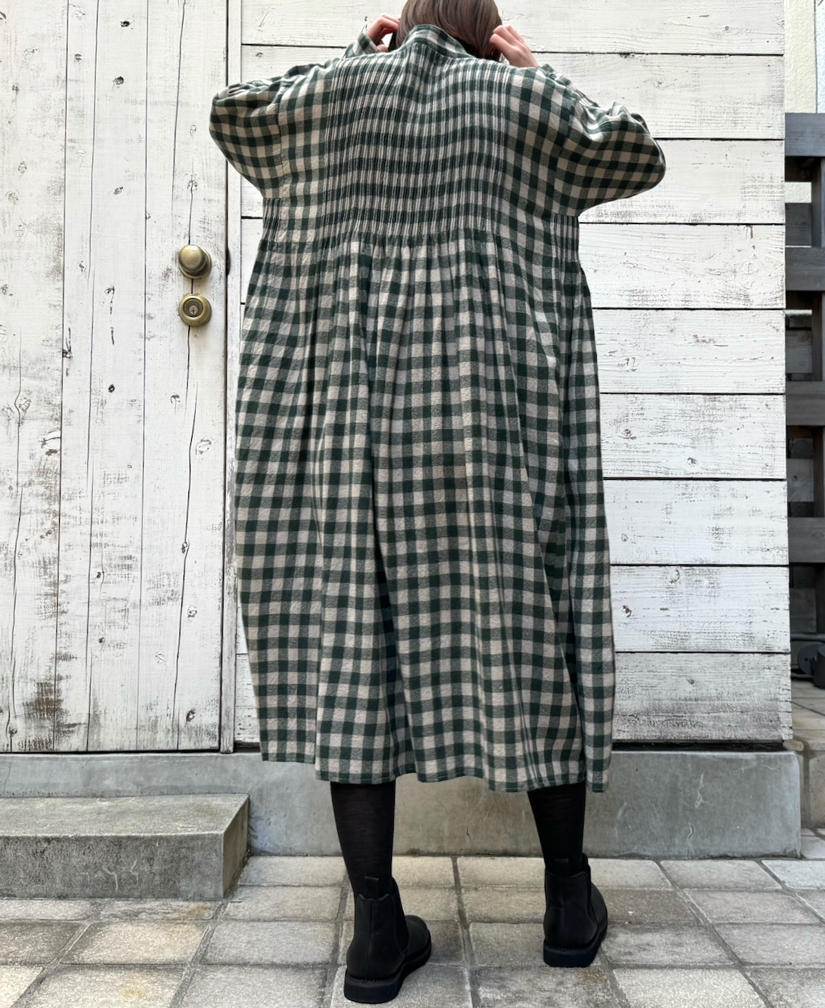 NMDS23592 (ワンピース) BOILED WOOL BIG GINGHAM CHECK BANDED SHIRT DRESS WITH MINI PINTUCK