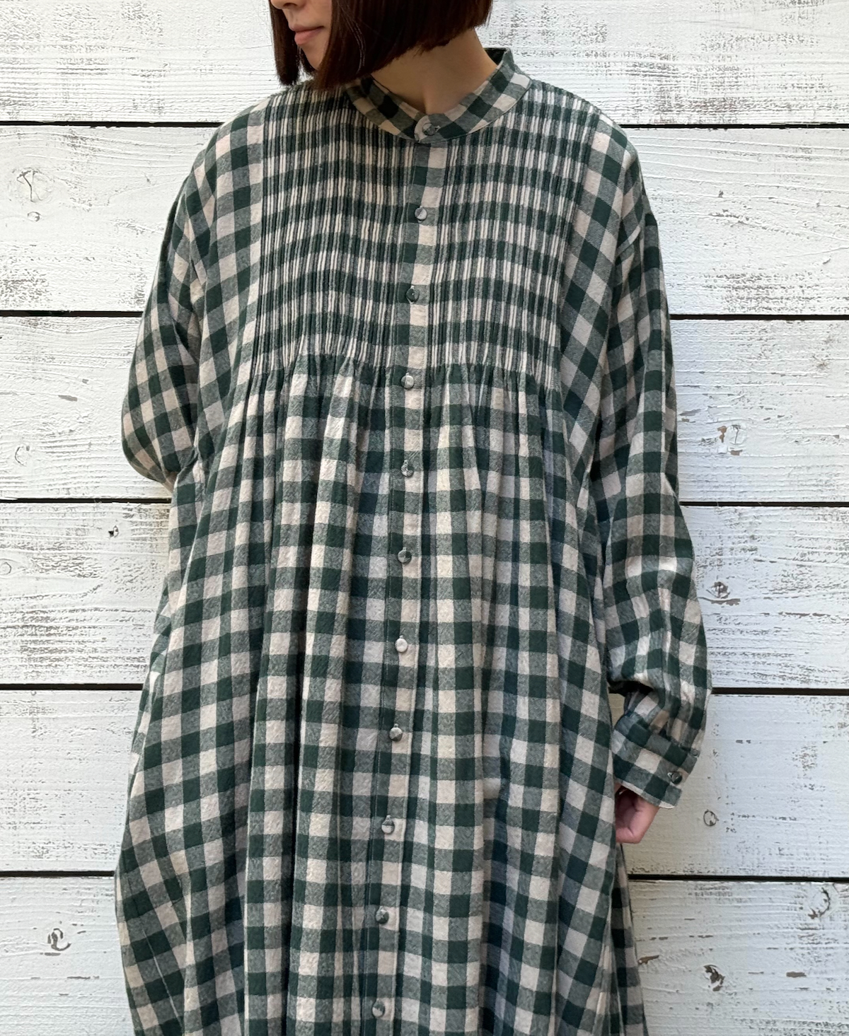 NMDS23592 (ワンピース) BOILED WOOL BIG GINGHAM CHECK BANDED SHIRT DRESS WITH MINI PINTUCK