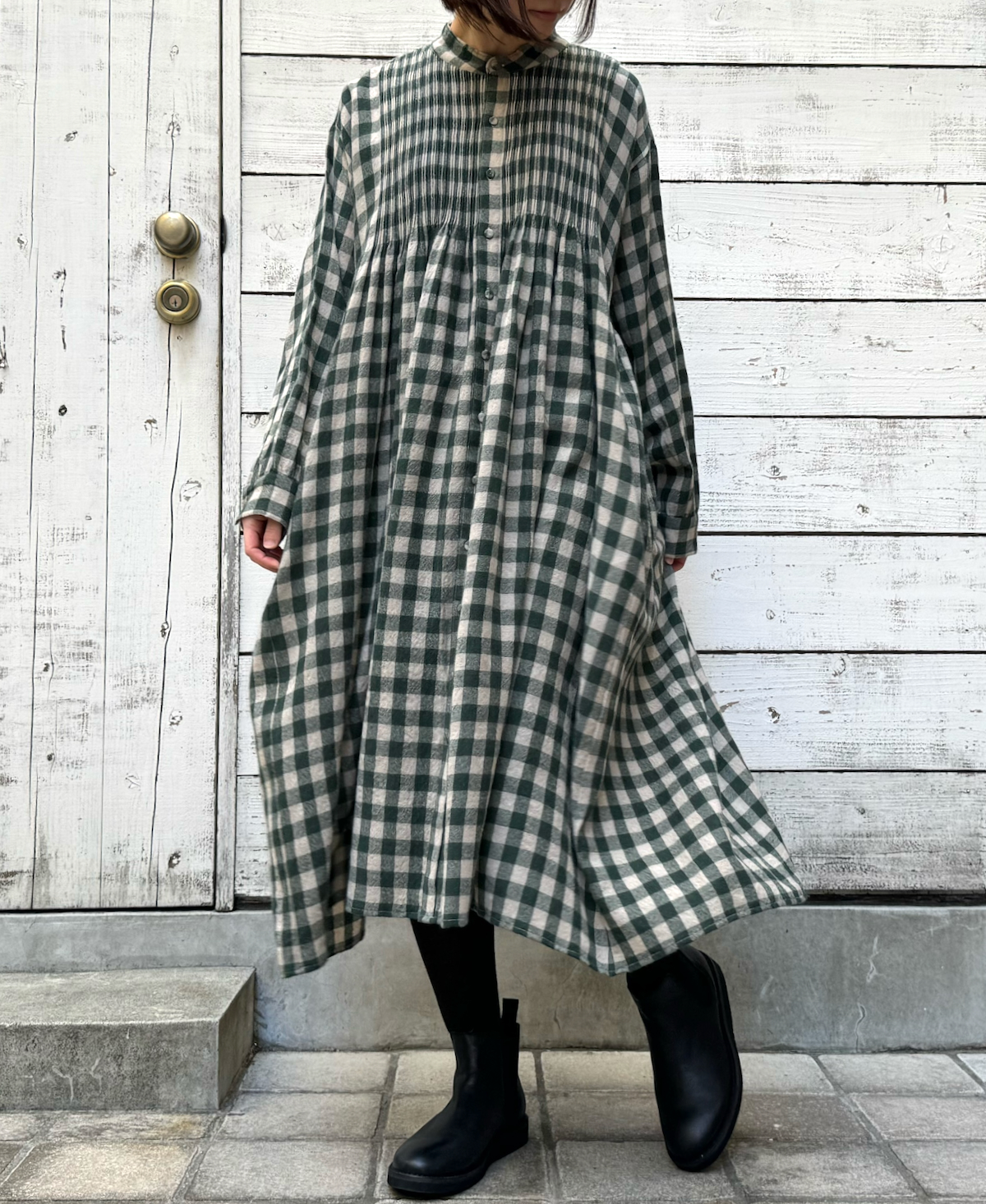 NMDS23592 (ワンピース) BOILED WOOL BIG GINGHAM CHECK BANDED SHIRT DRESS WITH MINI PINTUCK