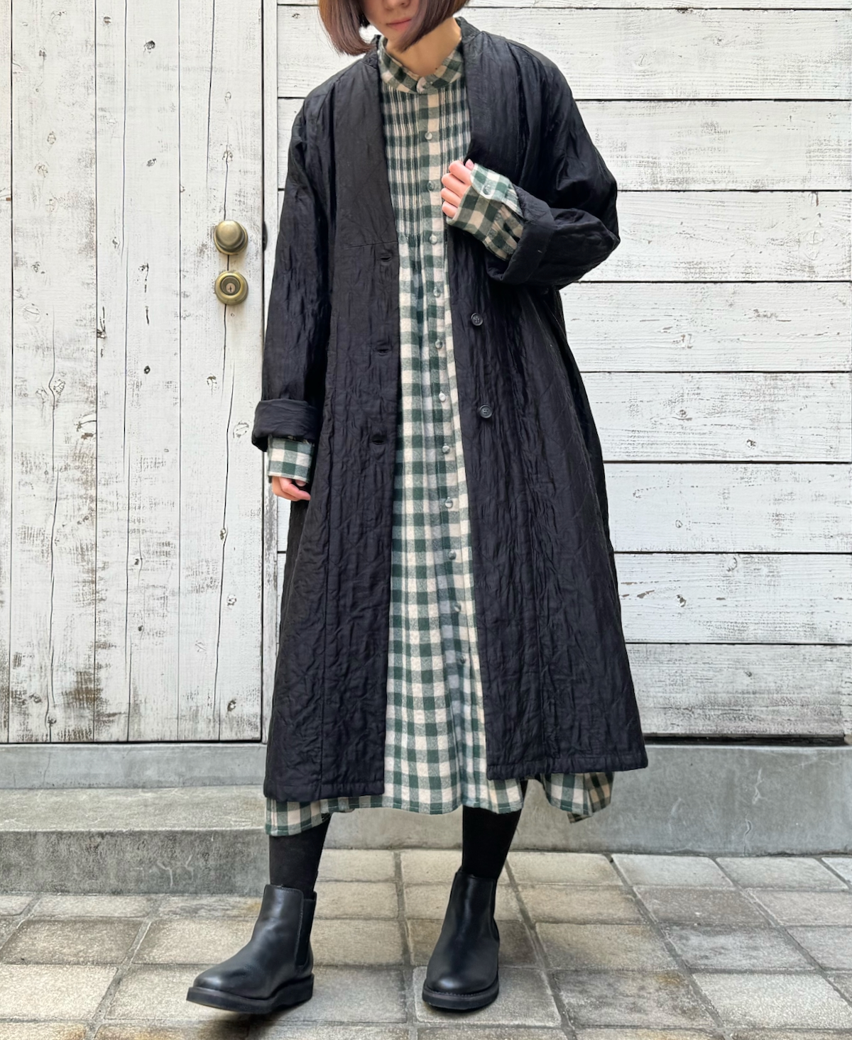 NMDS23592 (ワンピース) BOILED WOOL BIG GINGHAM CHECK BANDED SHIRT DRESS WITH MINI PINTUCK