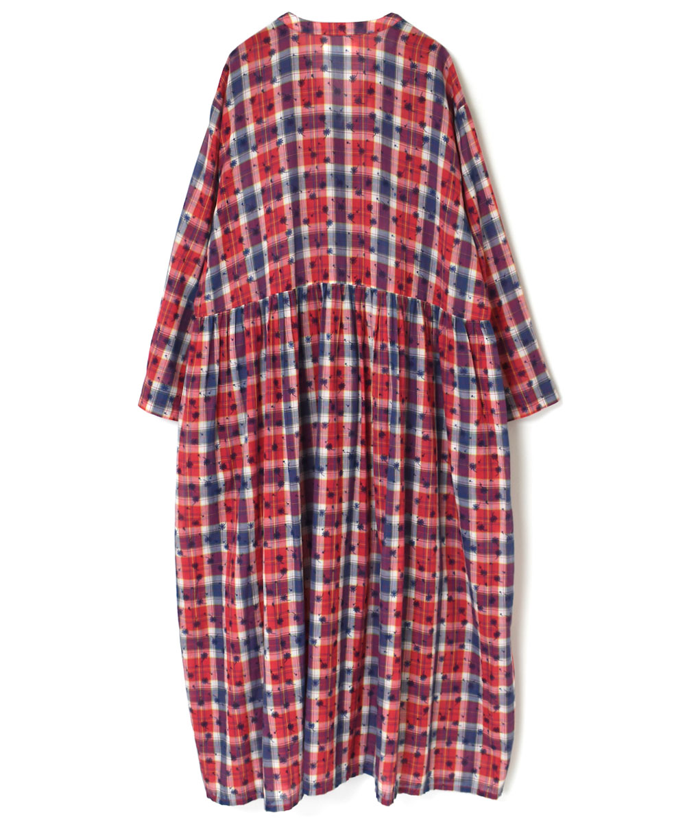 NSL24064 (ワンピース) COTTON YARN DYE CHECK WITH NAVY FLOWER PRINT V-NECK GATHERED DRESS