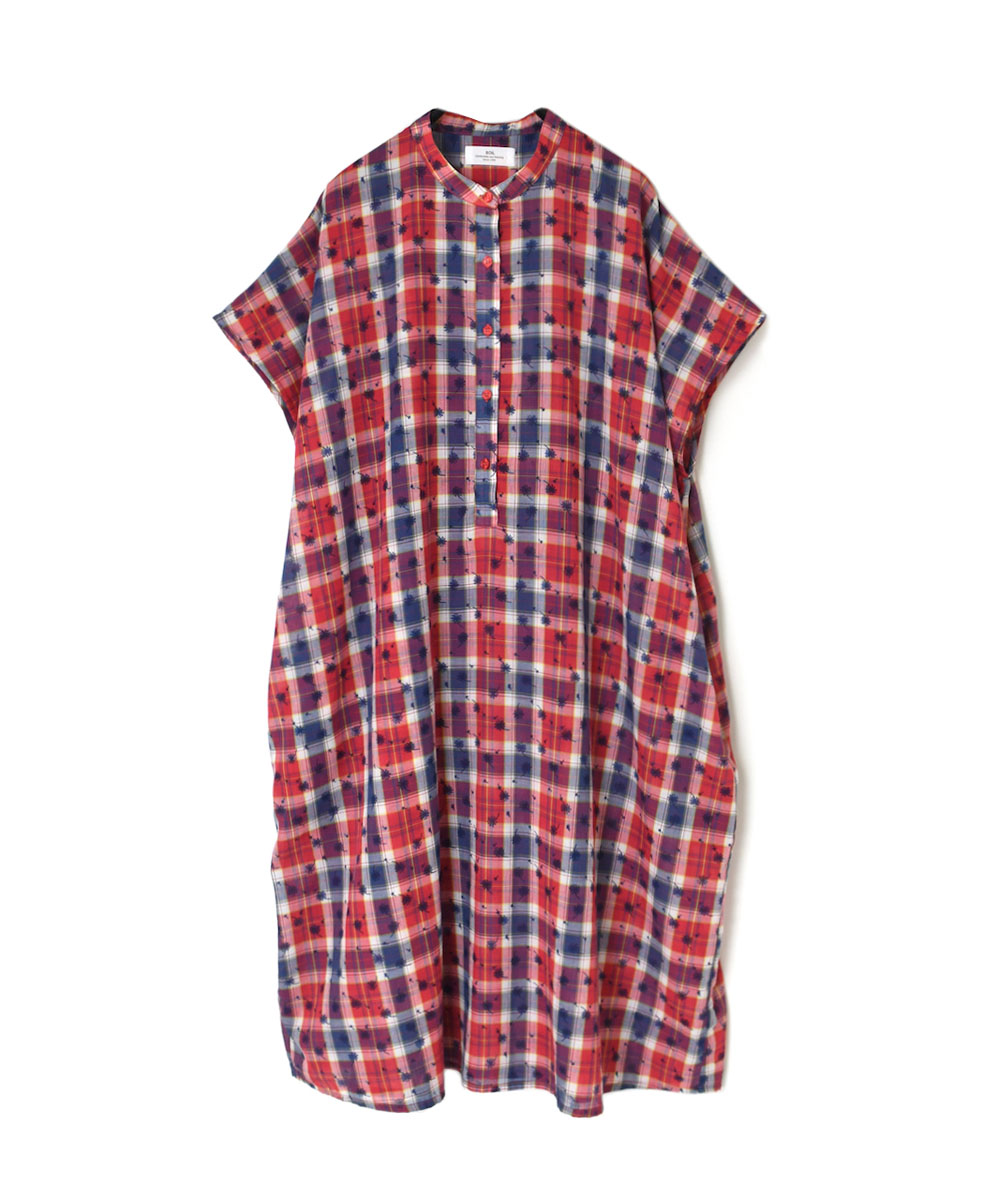 NSL24063 (ワンピース) COTTON YARN DYE CHECK WITH NAVY FLOWER PRINT BANDED COLLAR FRENCH/SL DRESS