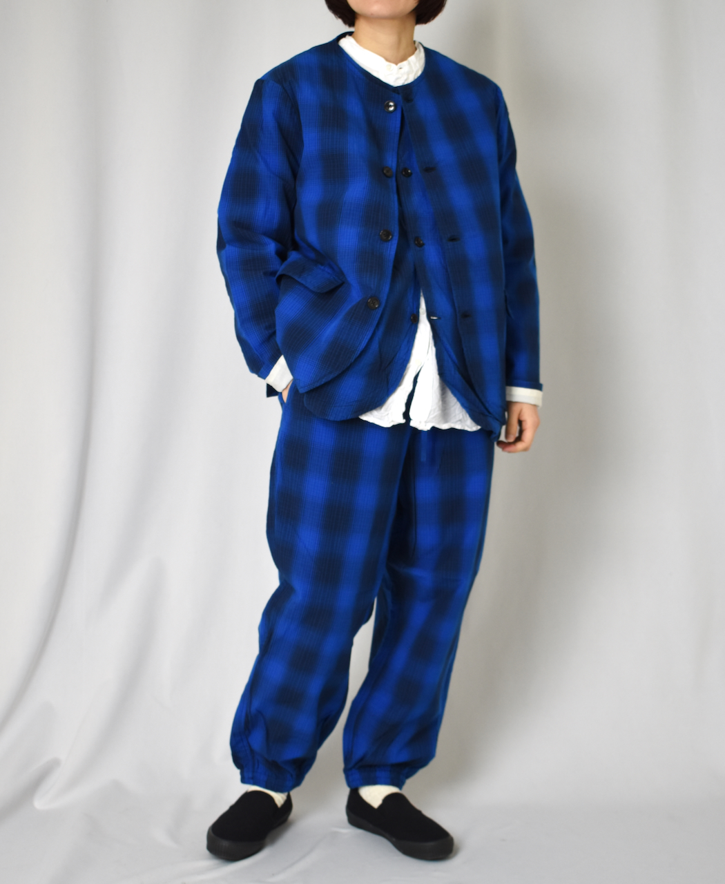 NVL2302PCW (ジャケット) WASHED POPLIN CHECK SIDE VENTS NO COLLAR JACKET