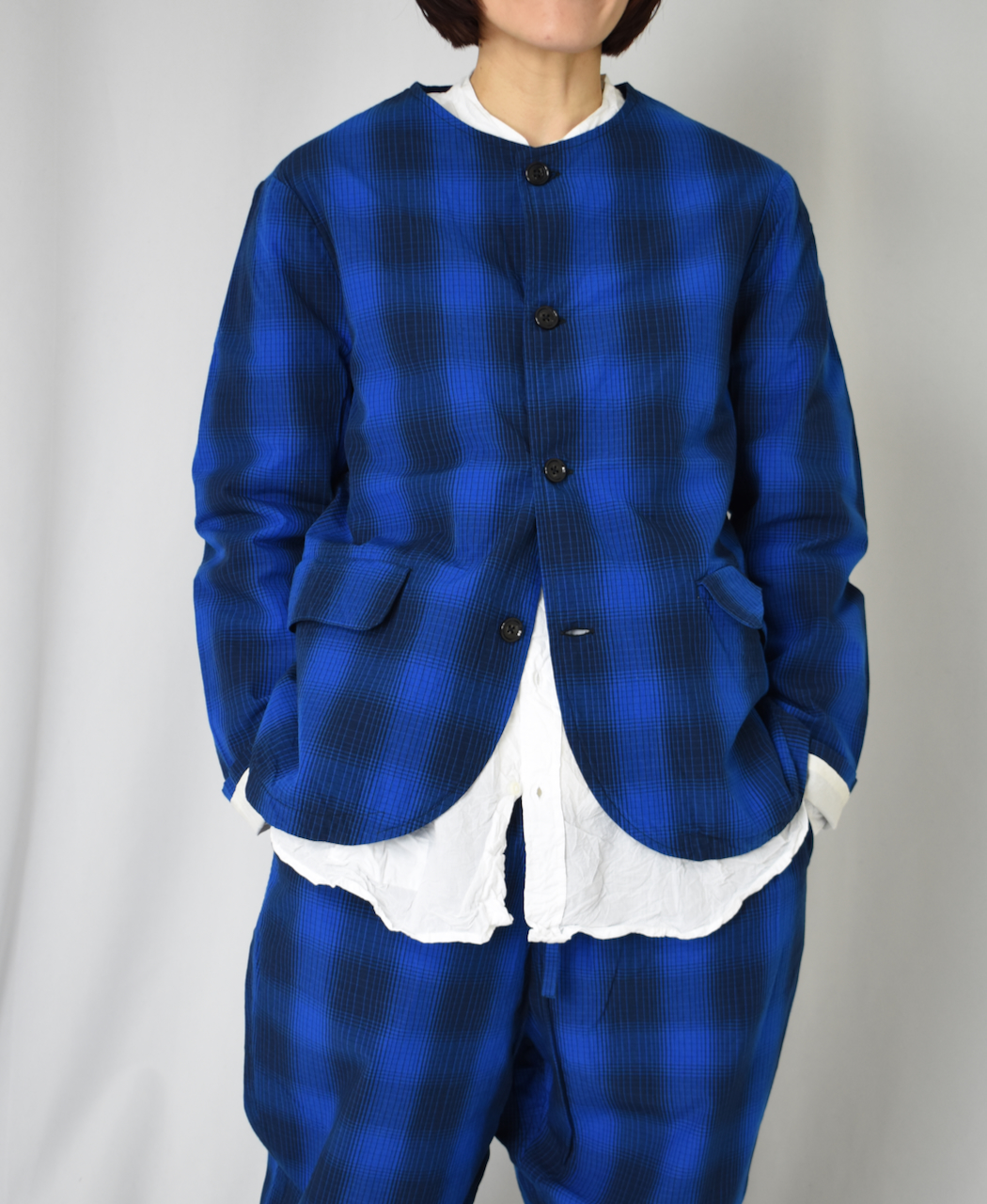 NVL2302PCW (ジャケット) WASHED POPLIN CHECK SIDE VENTS NO COLLAR JACKET