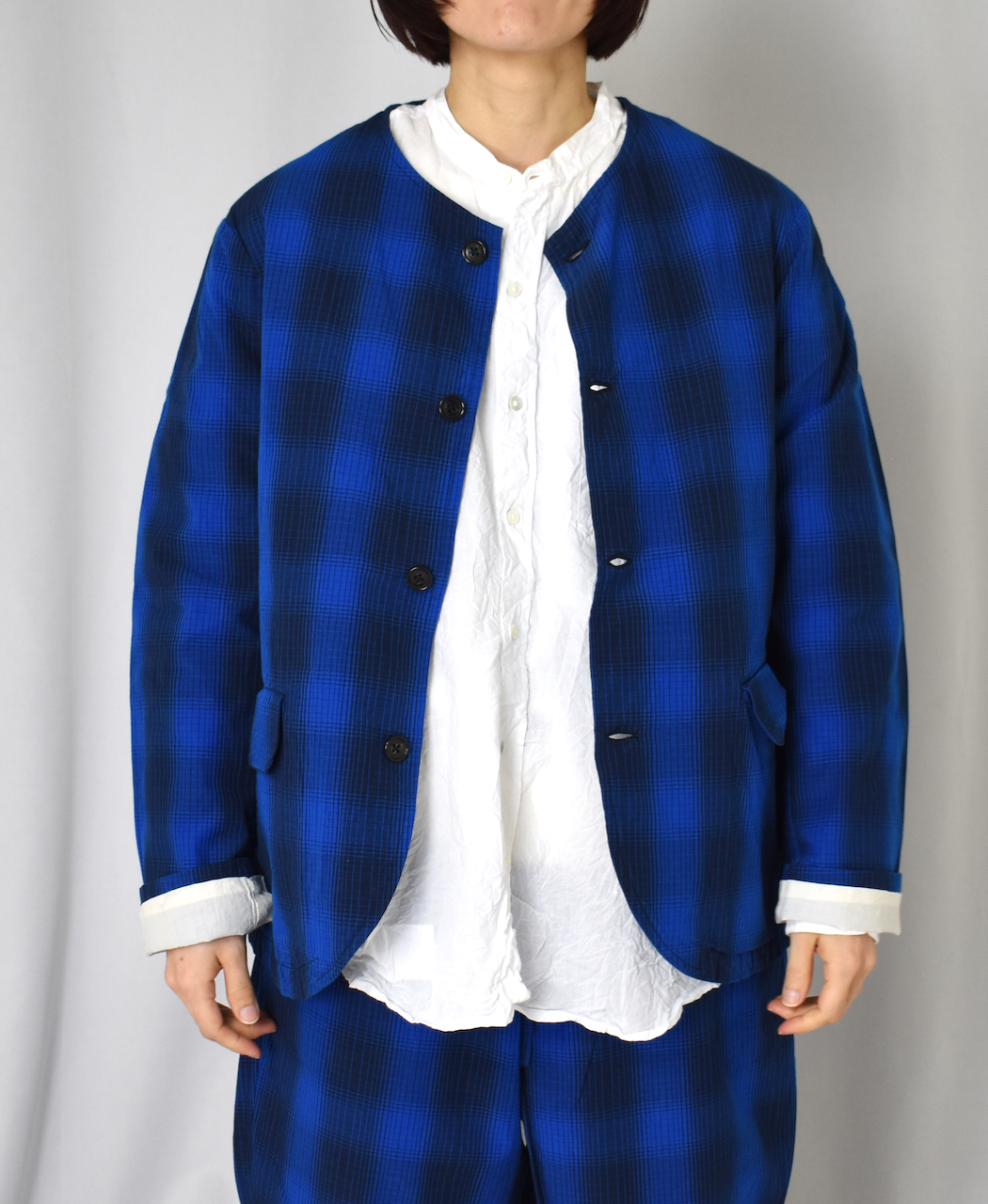 NVL2302PCW (ジャケット) WASHED POPLIN CHECK SIDE VENTS NO COLLAR JACKET