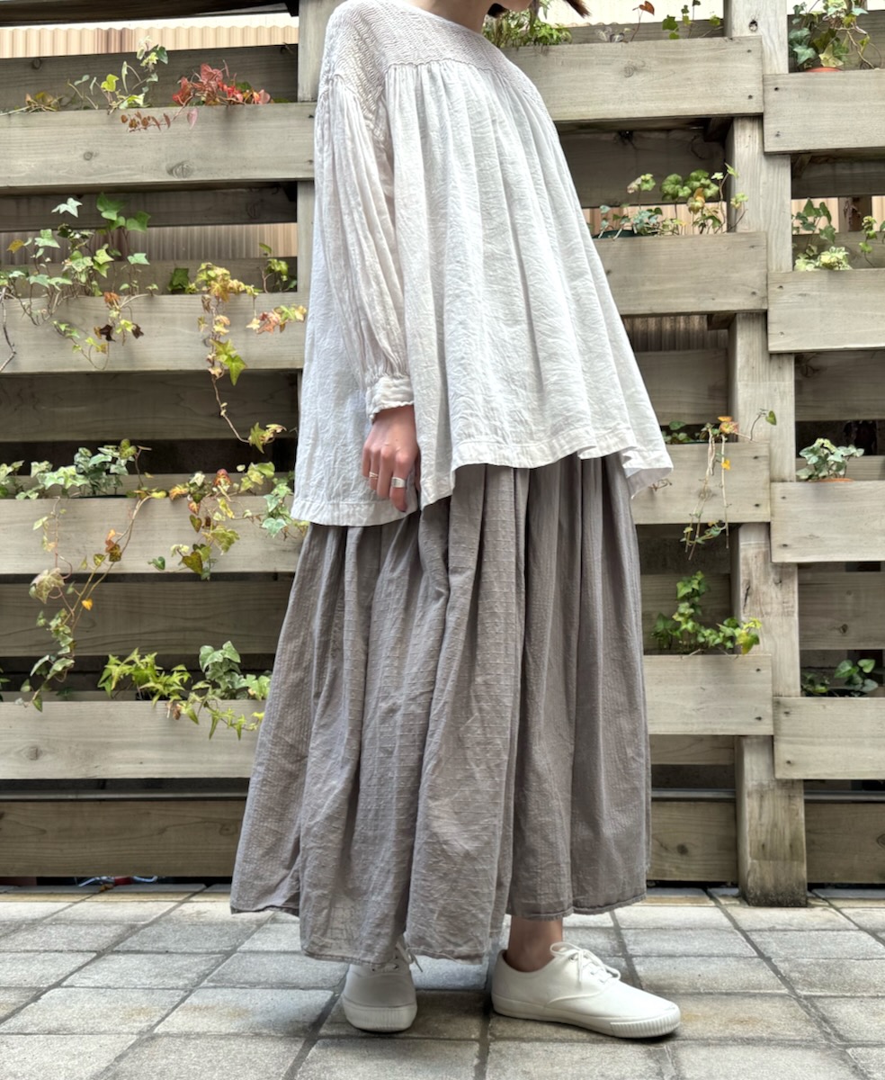 NMDS24115D (スカート) 80'S ORGANIC COTTON DOBIE CHECK & SMALL CHECK (OVERDYE) RAJASTHAN TUCK GATHERED SKIRT WITH LINING