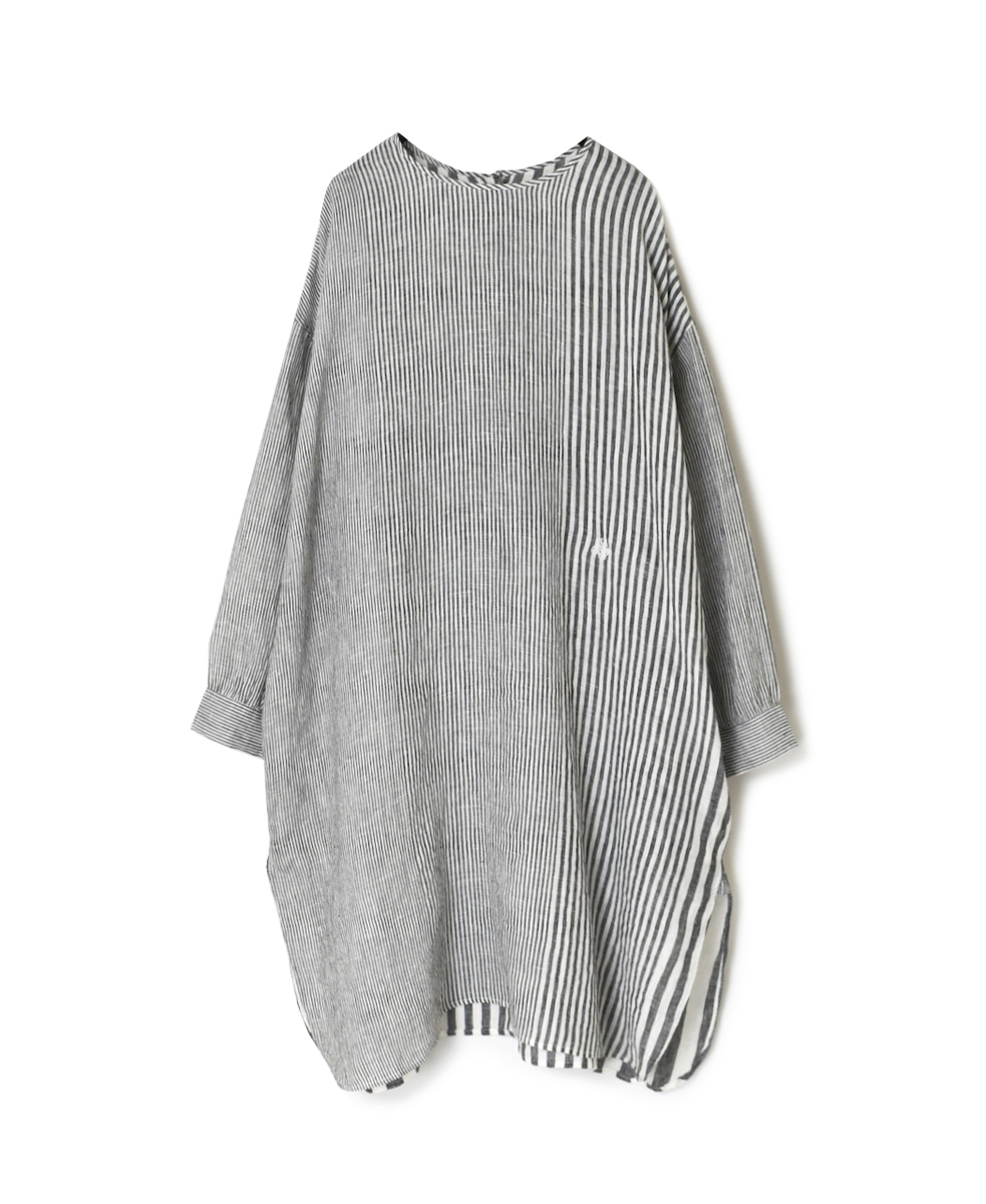 NMDS24165 (ワンピース) 80'S POWER LOOM LINEN RANDOM STRIPE BACK OPENING CREW-NECK SHIRT DRESS