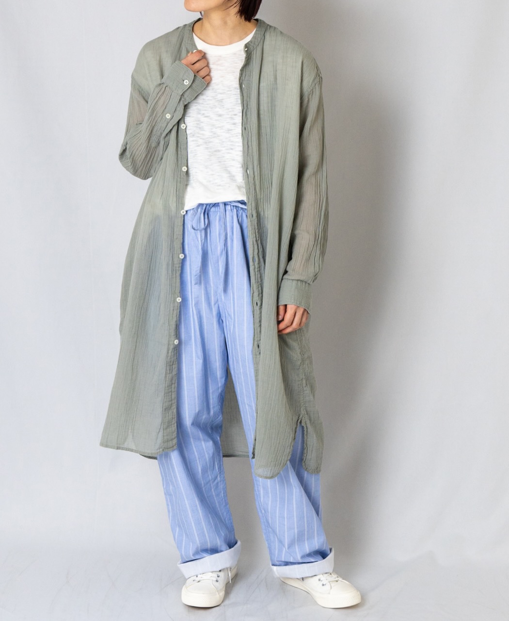 INAM1902GD (ロングシャツ) SINGLE GAUZE OVERDYED UTILITY BANDED COLLAR LONG SHIRTS