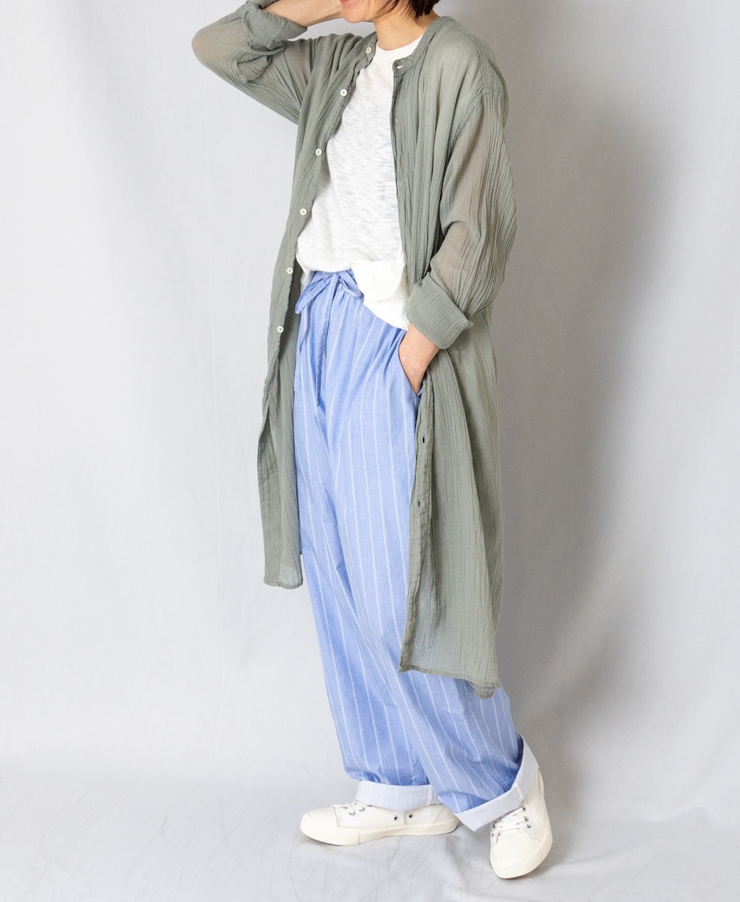 INAM1902GD (ロングシャツ) SINGLE GAUZE OVERDYED UTILITY BANDED COLLAR LONG SHIRTS