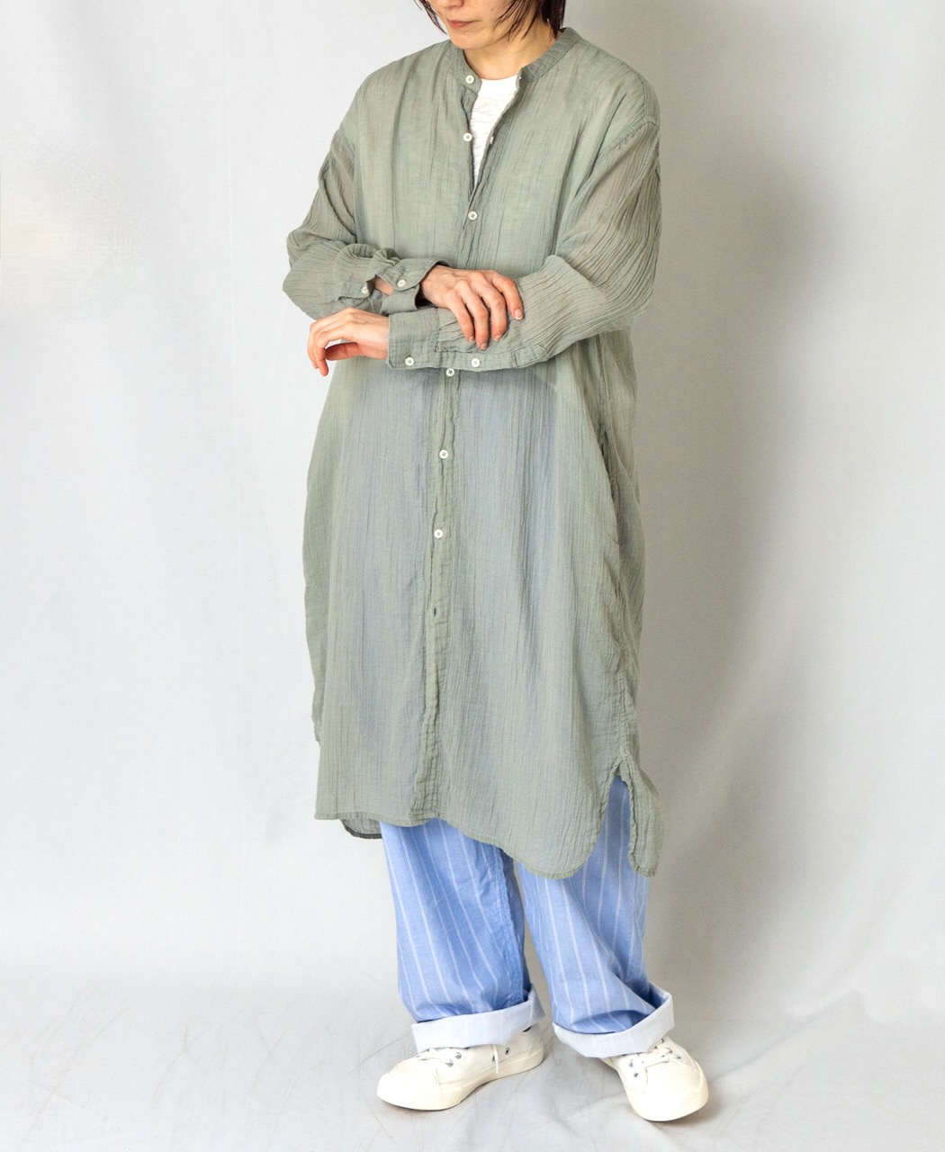 INAM1902GD (ロングシャツ) SINGLE GAUZE OVERDYED UTILITY BANDED COLLAR LONG SHIRTS