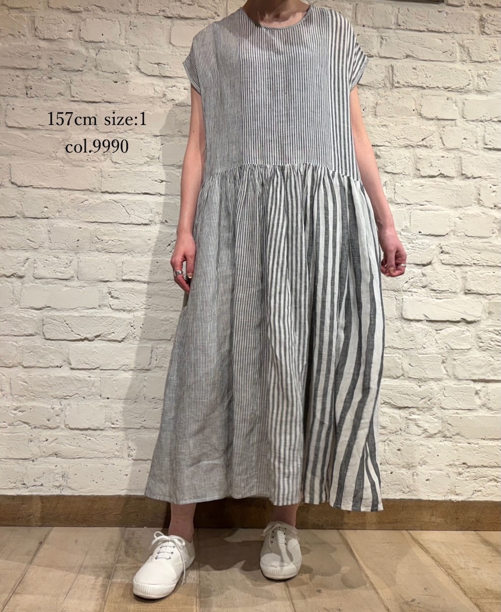 NMDS24163 (ワンピース) 80'S POWER LOOM LINEN RANDOM STRIPE FRENCH/SL BACK OPENING DRESS