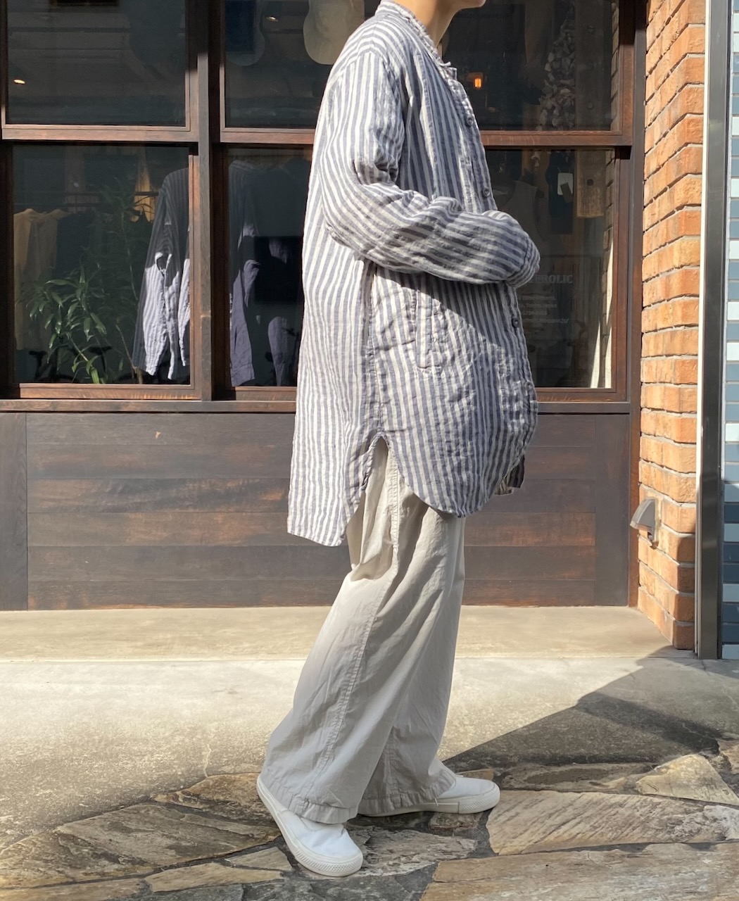 LNHT2021LWS (シャツ) LINEN WIDE STRIPE STAND COLLAR SHIRTS