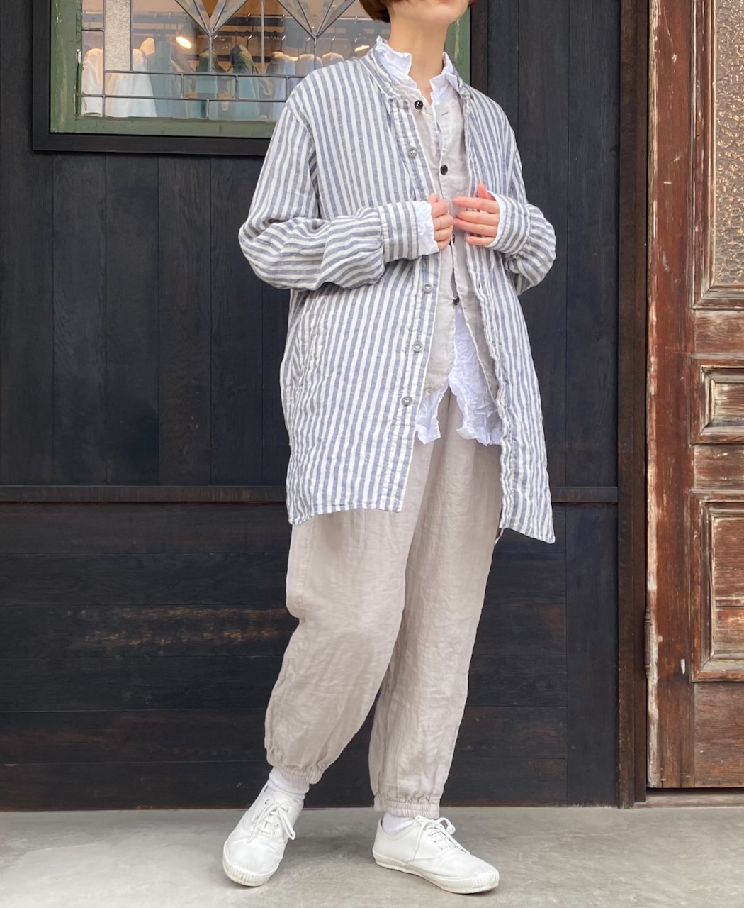 LNHT2021LWS (シャツ) LINEN WIDE STRIPE STAND COLLAR SHIRTS