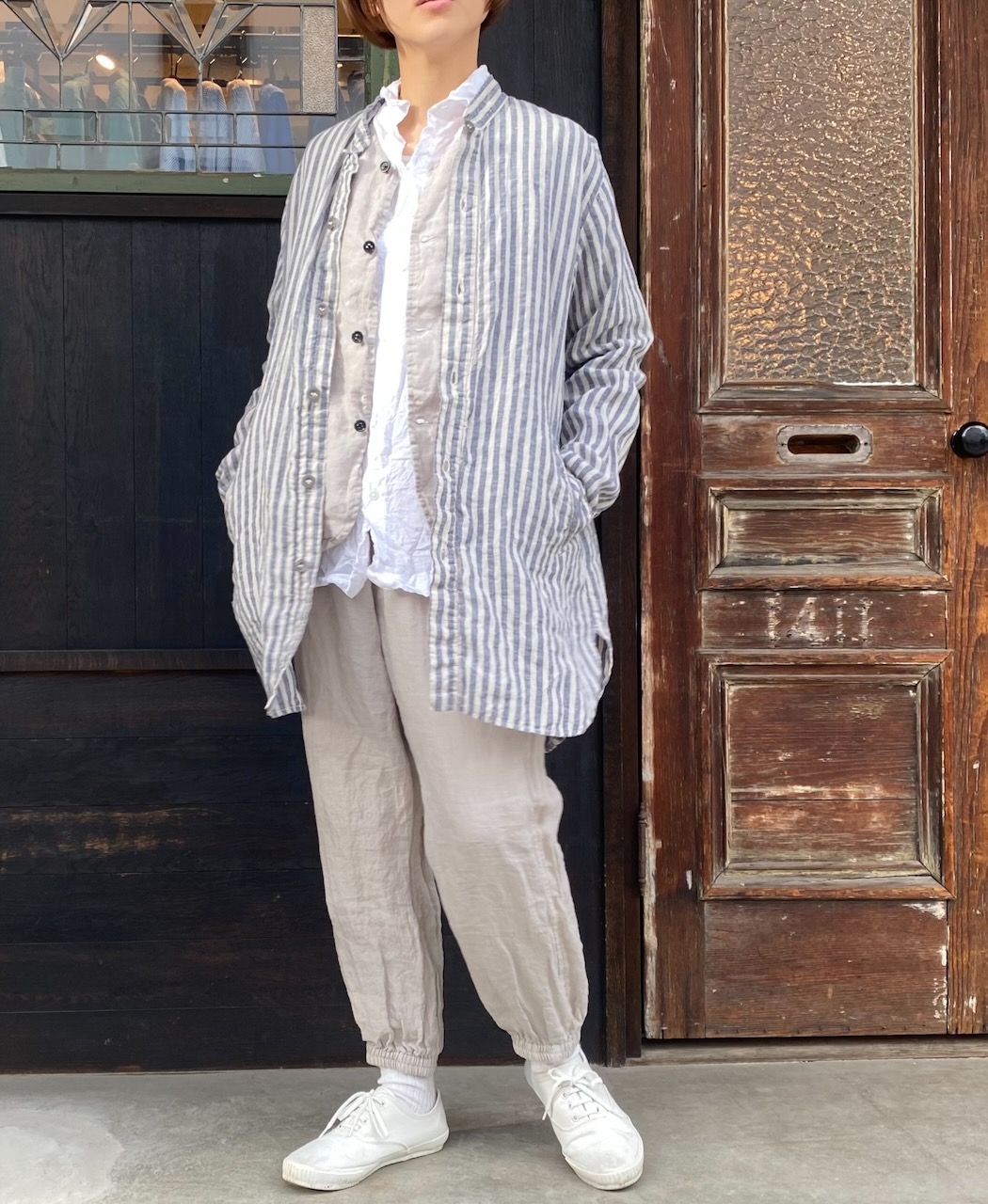 LNHT2021LWS (シャツ) LINEN WIDE STRIPE STAND COLLAR SHIRTS