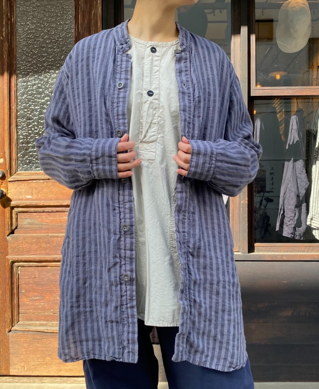 LNHT2021LWS (シャツ) LINEN WIDE STRIPE STAND COLLAR SHIRTS