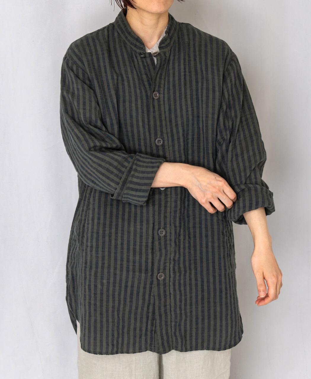 LNHT2021LWS (シャツ) LINEN WIDE STRIPE STAND COLLAR SHIRTS