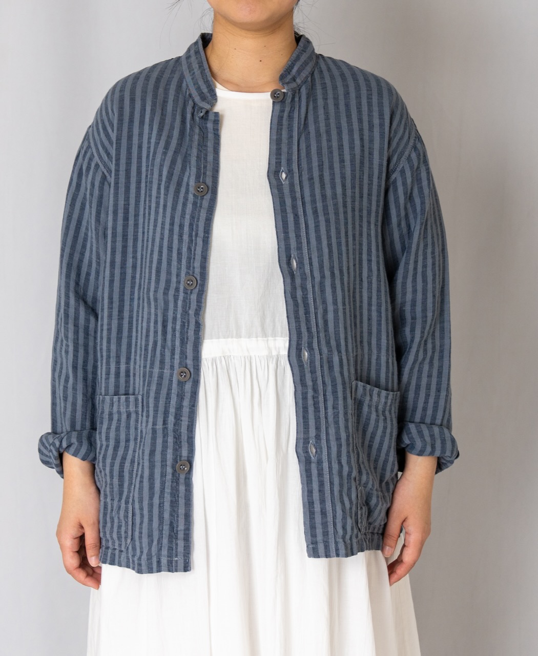 LNHT2302LWS (ジャケット) LINEN WIDE STRIPE STAND COLLAR OVERALL