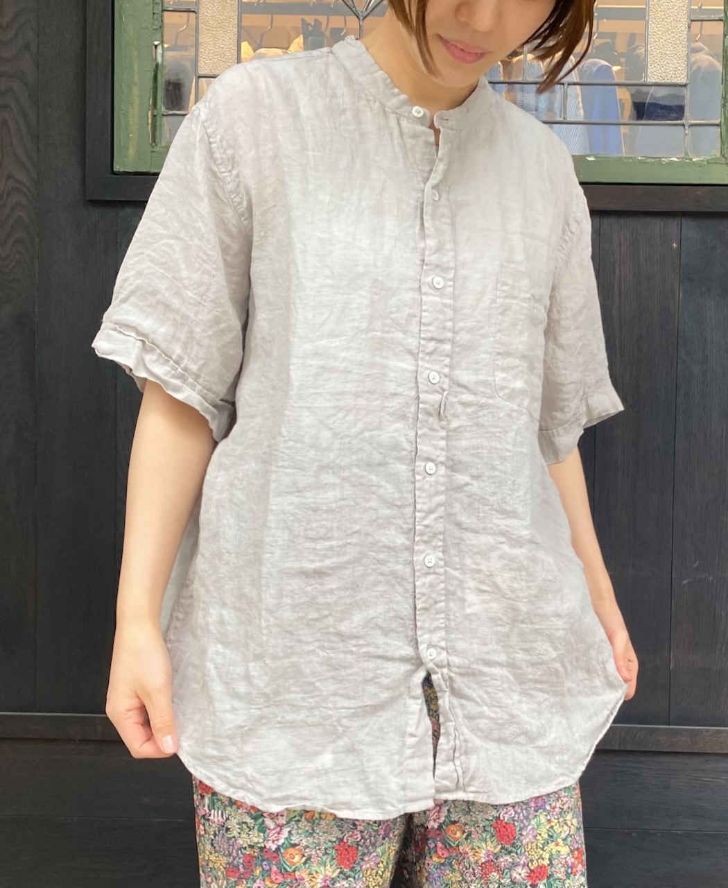 NVL2403LW (シャツ) WASHED 80'S POWER LOOM LINEN BANDED COLLAR S/SL SHIRT