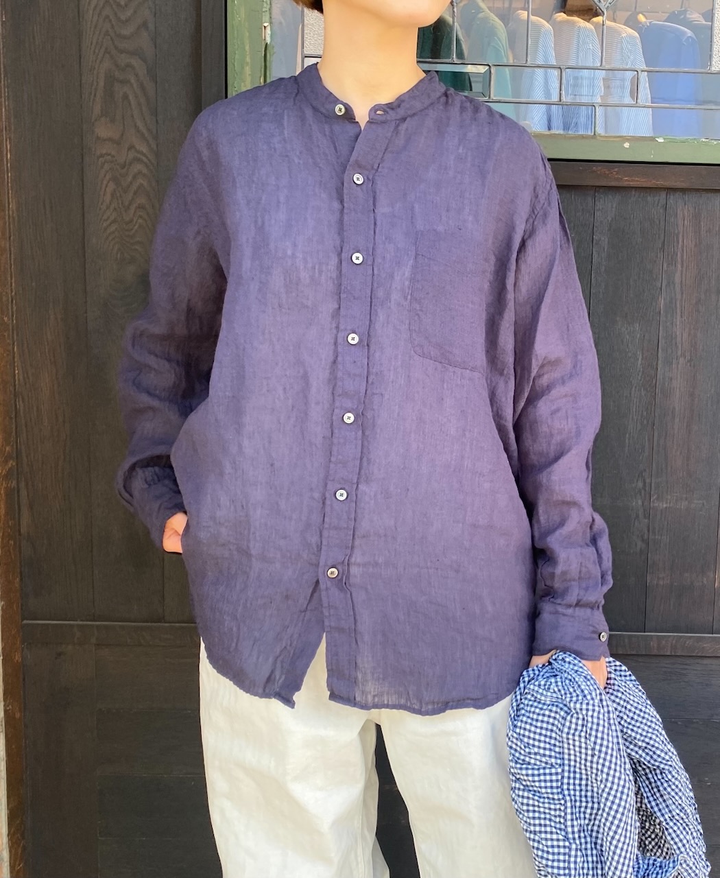 NVL2402LW (シャツ) WASHED 80'S POWER LOOM LINEN BANDED COLLAR L/SL SHIRT