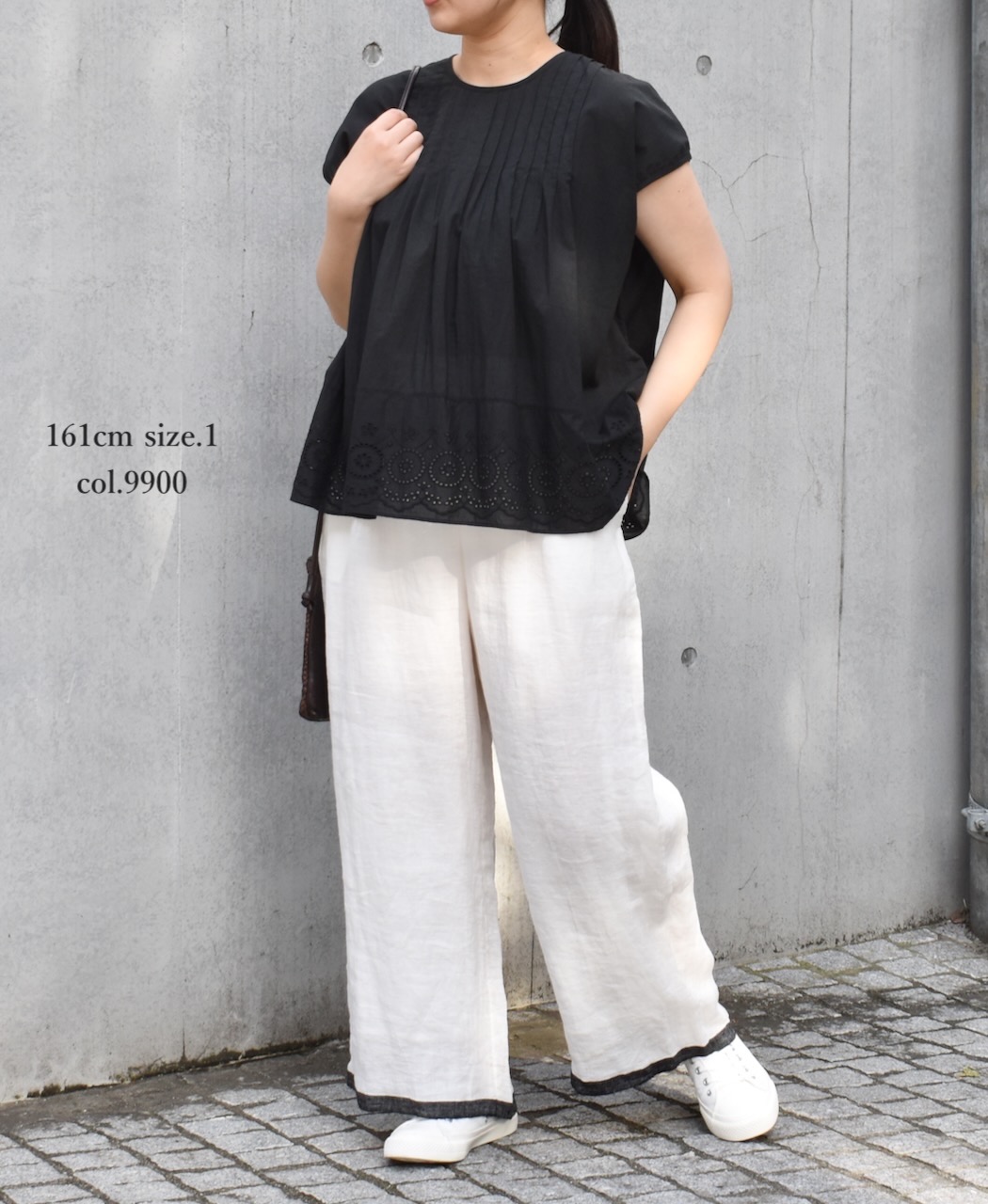 INSL24223 (ブラウス) 80s VOILE PLAIN WITH CUT WORK LACE CREW-NECK FRENCH/SL SHIRT WITH PINTUCK