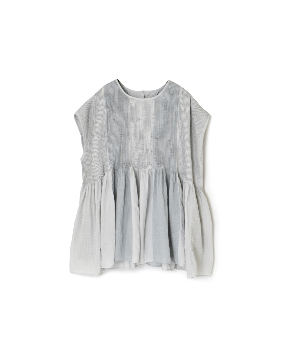 NMDS24191D (シャツ) COTTON / LINEN PATCHWORK (OVERDYE) CREW-NECK F/SL SHIRT WITH PINTUCK