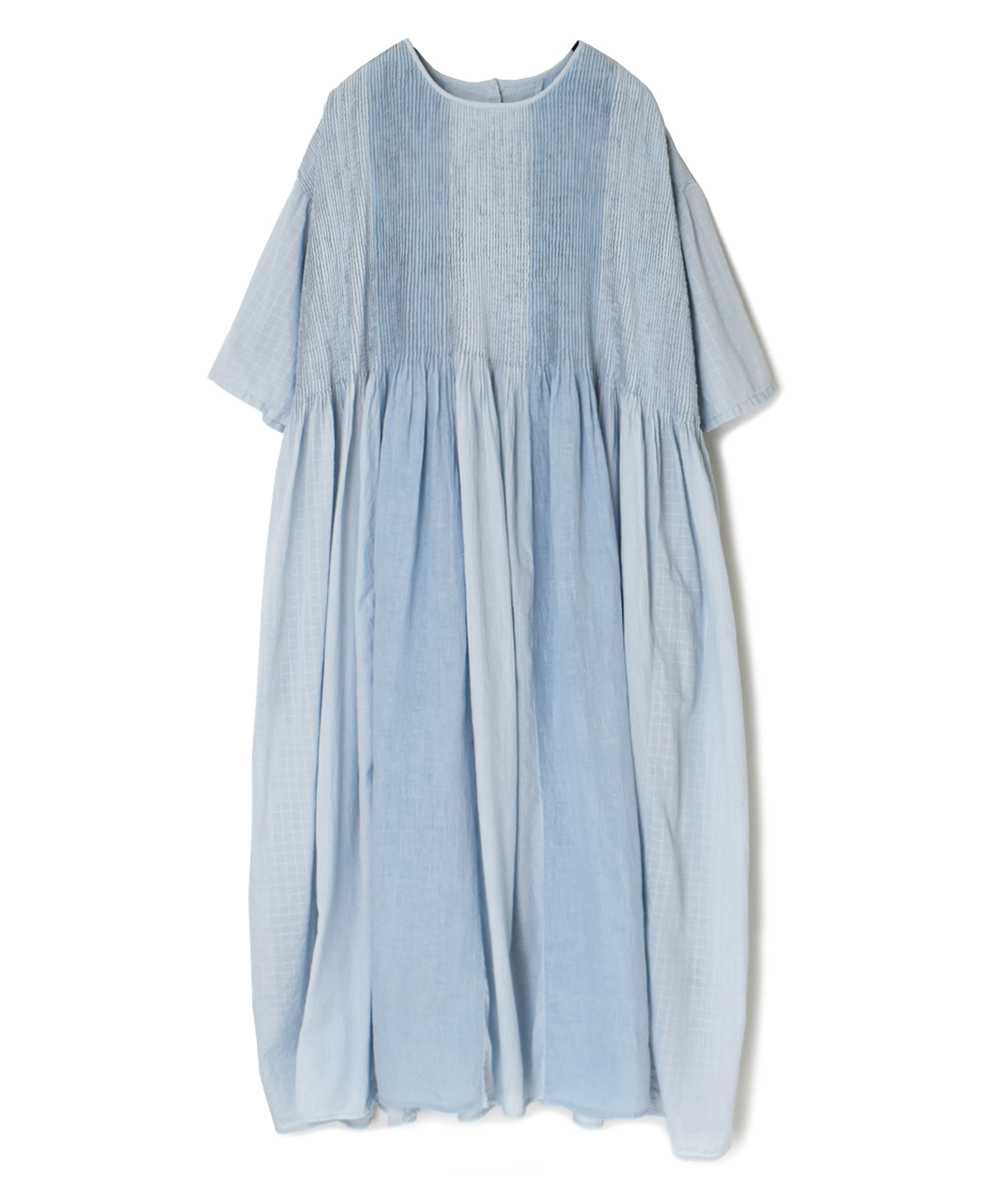 NMDS24193D (ワンピース) COTTON / LINEN PATCHWROK (OVERDYE) CREW-NECK S/SL SHIRT DRESS WITH PINTUCK