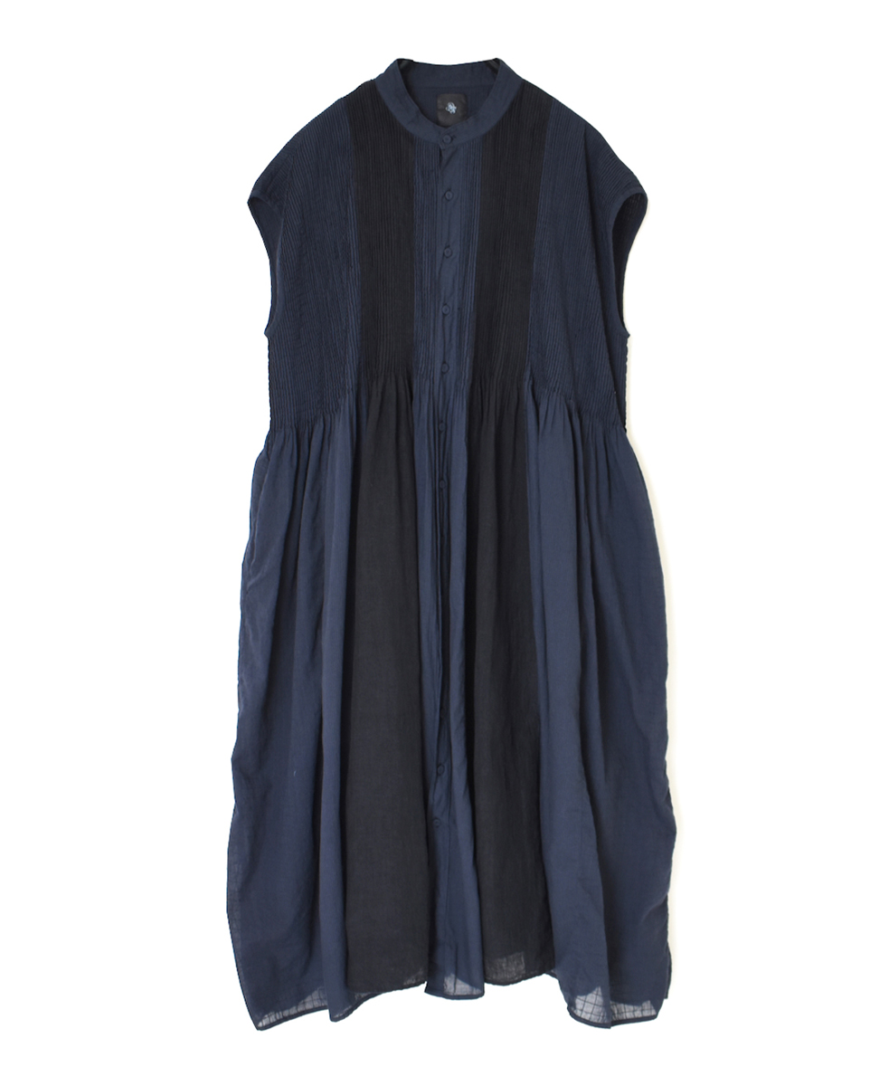 NMDS24194D (ワンピース) COTTON / LINEN PATCHWROK (OVERDYE) BANDED F/SL SHIRT DRESS WITH MINI PINTUCK